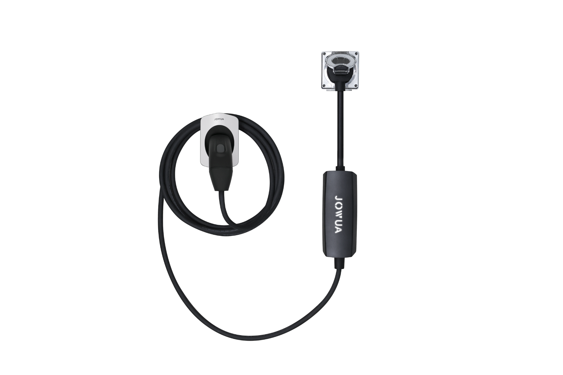 A NACS Mobile Connector Solution by JOWUA, black and white EV cable with plug, connects to a wall unit. The coiled cable displays "JOLT" prominently, ideal for Tesla charging.