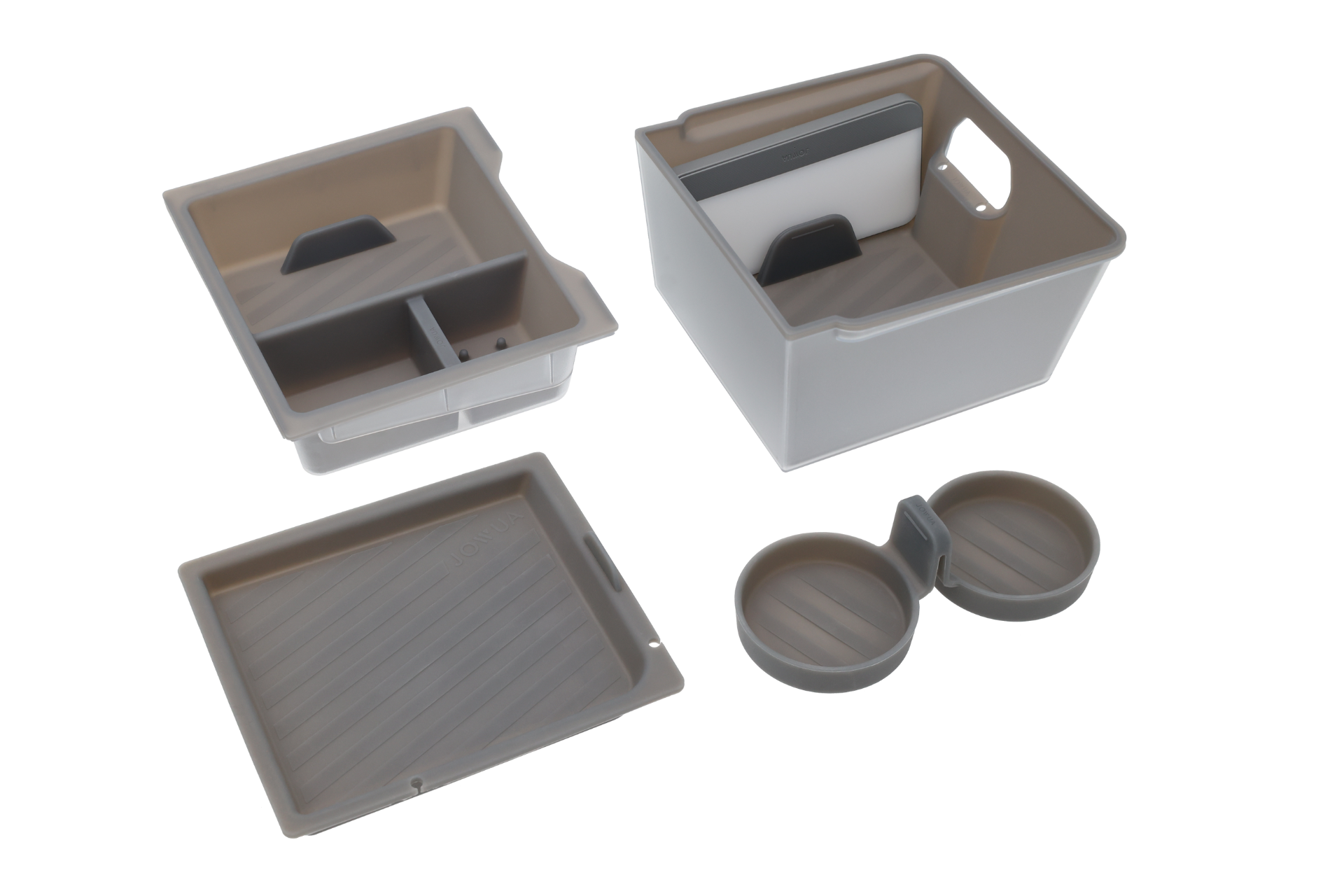 Introducing the JOWUA LED Center Console Combo for the Tesla Reengineered Model 3 Highland (2024+), a versatile storage solution crafted from premium silicone. This modular set includes a large square bin with a handle, a tray with dividers, a secure lid, and dual circular compartments, all in neutral beige and gray tones to enhance organized storage in your vehicle.