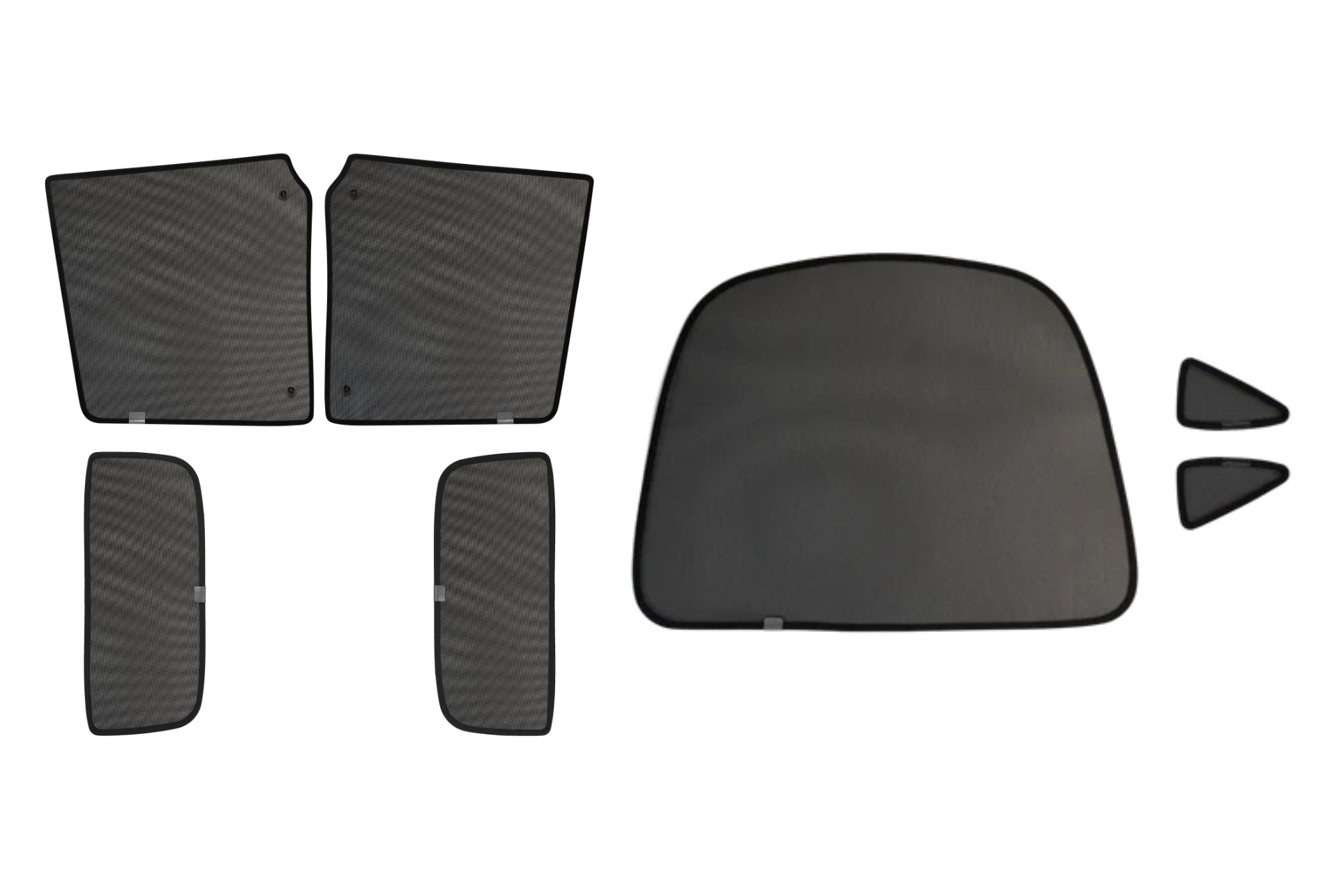 The JOWUA Model X Mesh Sunshade Bundle features black carbon fiber-patterned covers in rectangular and triangular shapes, custom-fit for Model X. They provide excellent heat insulation and are displayed on a transparent background.