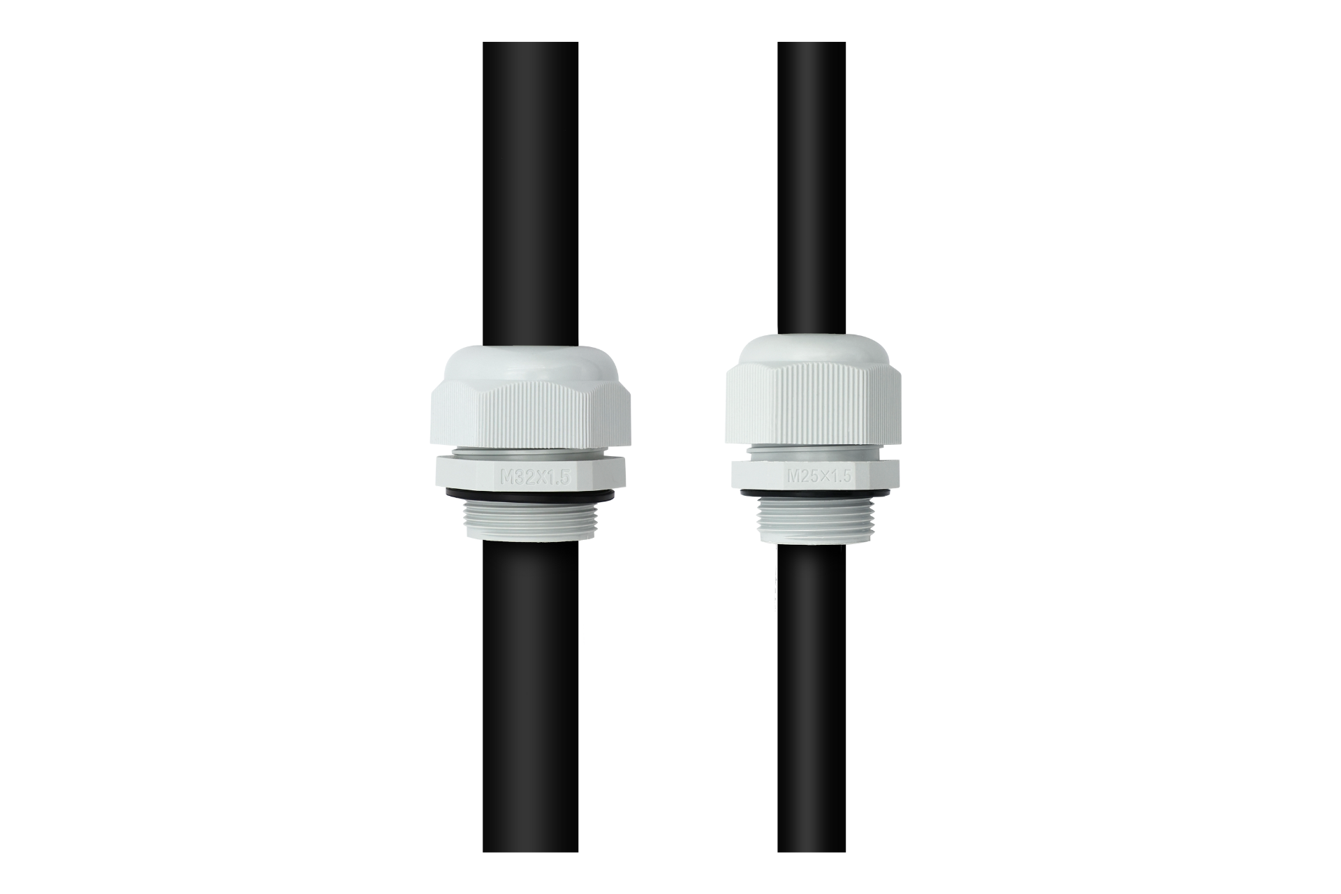 Two black cables are securely positioned through white plastic cable glands with threaded ends and ribbed caps in the JOWUA NEMA 14-50 Weatherproof Power Outlet Box, ensuring vertical placement. The setup is ETL Listed for reliability against a plain white background, guaranteeing safety and precision.