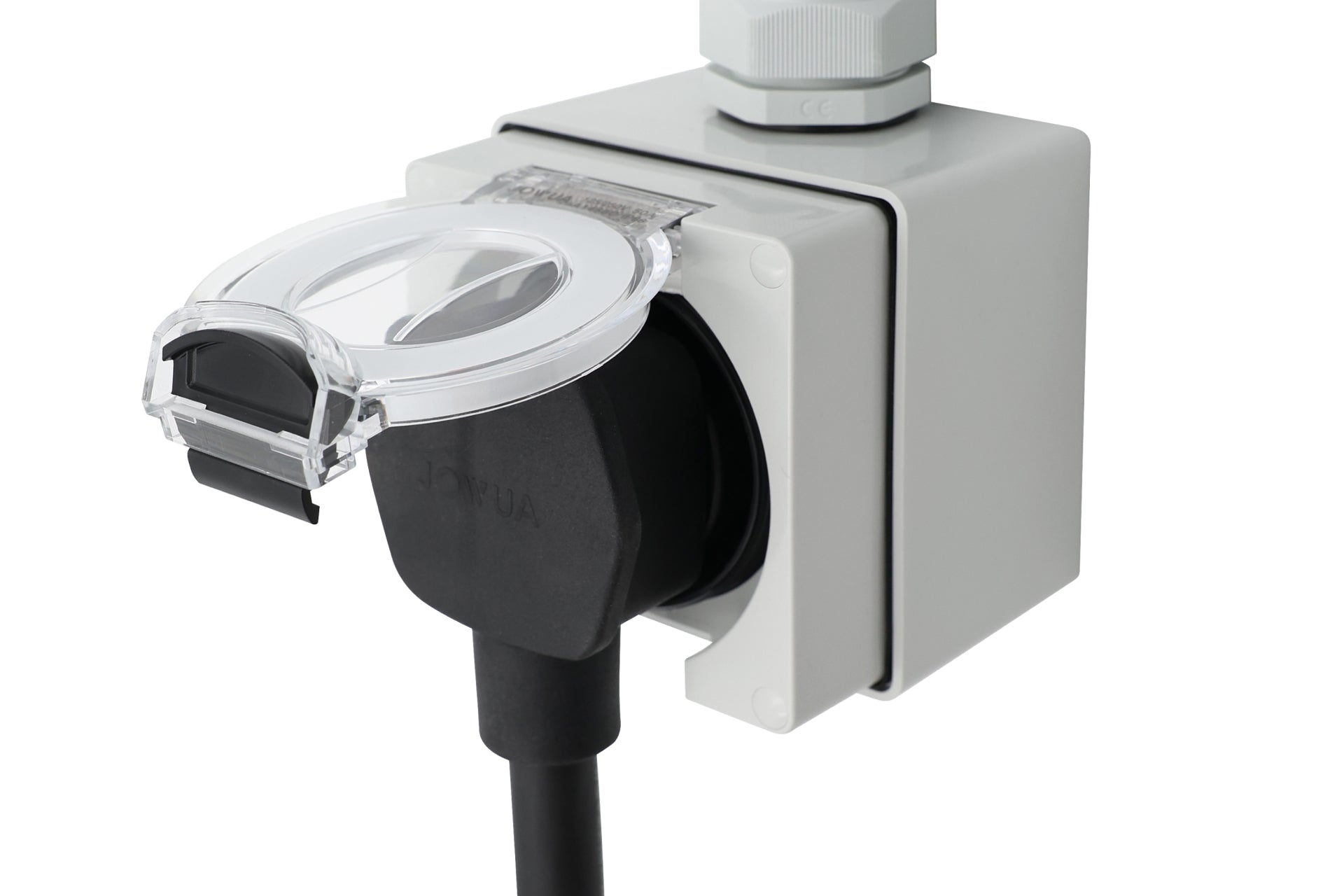 The NEMA 14-50 Weatherproof Power Outlet Box by JOWUA features a secure IP66-rated connection, with a black plug inserted into the gray ETL Listed electrical outlet, all housed under a transparent plastic cover and mounted on the wall.