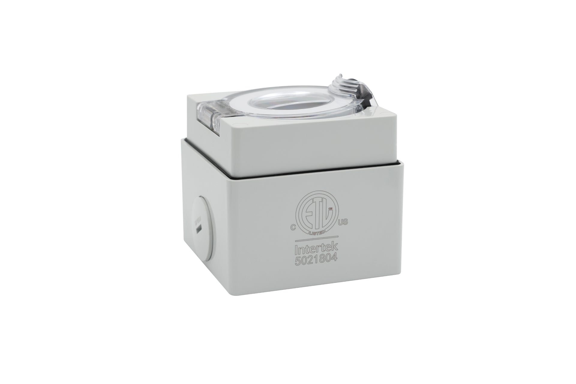 The NEMA 14-50 Weatherproof Power Outlet Box by JOWUA is a gray enclosure boasting a transparent cover and proudly displaying the ETL Listed certification logo. Its side hinge design and flat base make it ideal for secure installations, while its IP66 rating ensures durability in diverse conditions.