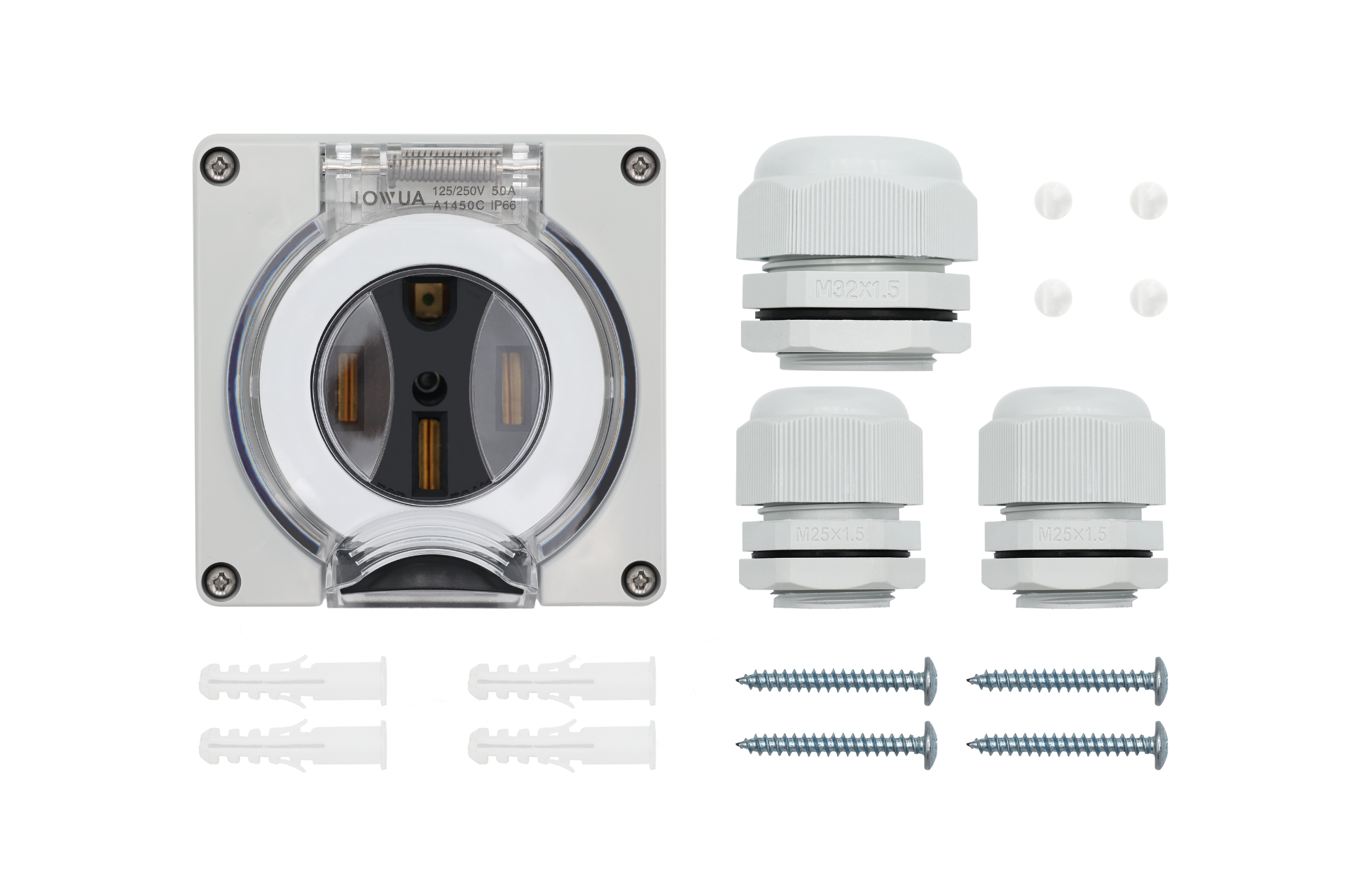 Introducing the JOWUA NEMA 14-50 Weatherproof Power Outlet Box, which features a transparent cover and includes three white cable glands with ETL Listed components. The kit comes complete with four wall plugs and screws, all arranged neatly on a white background. It offers IP66 weatherproof protection for dependable performance in any setting.