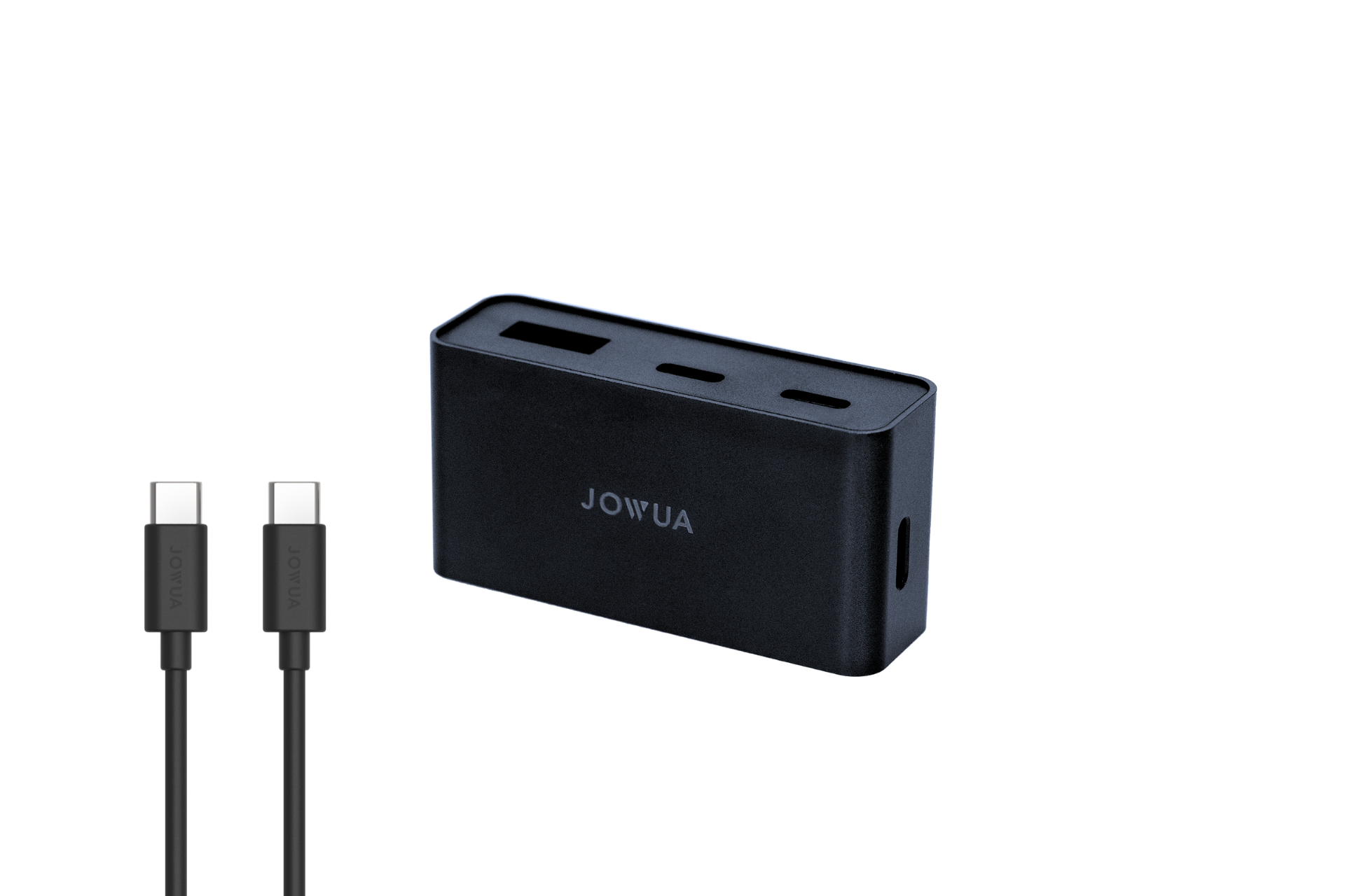 The JOWUA Power HUB is a compact black charging hub with three USB-C ports for multi-device charging, including USB-C cables, set against a white background.