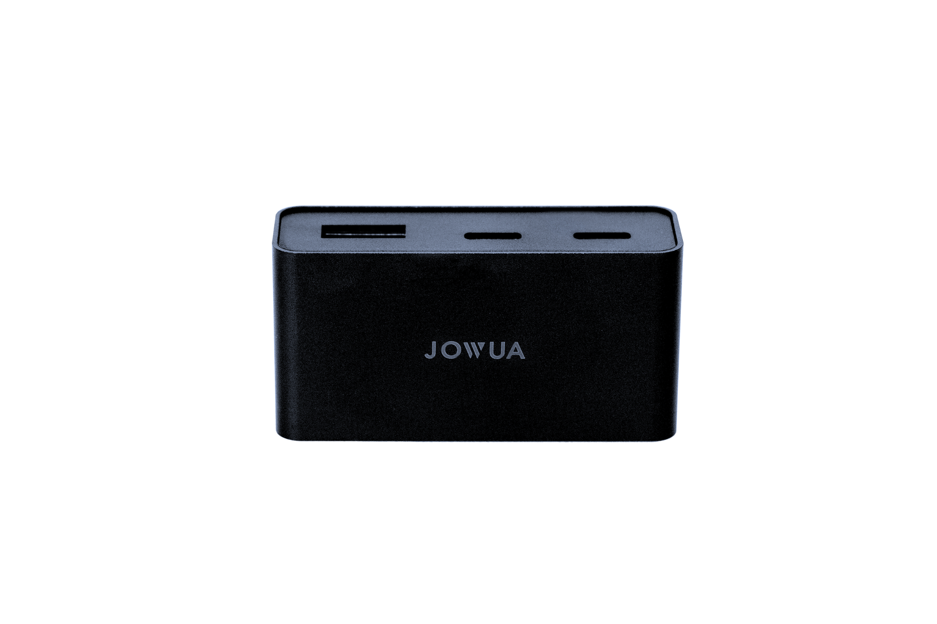 The JOWUA Power HUB is a sleek black power bank with a compact design, featuring two USB ports and one USB-C port on the top edge. Displayed against a white background, it offers efficient connectivity for all your gadgets, perfect for multi-device charging.