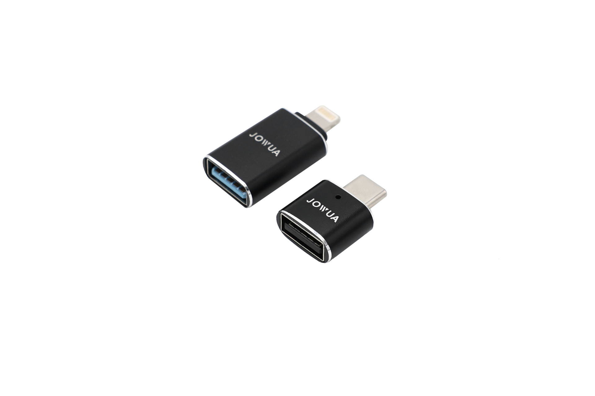 On a white background, two adapters branded "JOWUA" lie side by side; one is slightly larger than the other. These black USB-A to Type-C and Lightning adapters from the Sentry & DashCam Adapter Set offer seamless OTG connectivity for various devices.