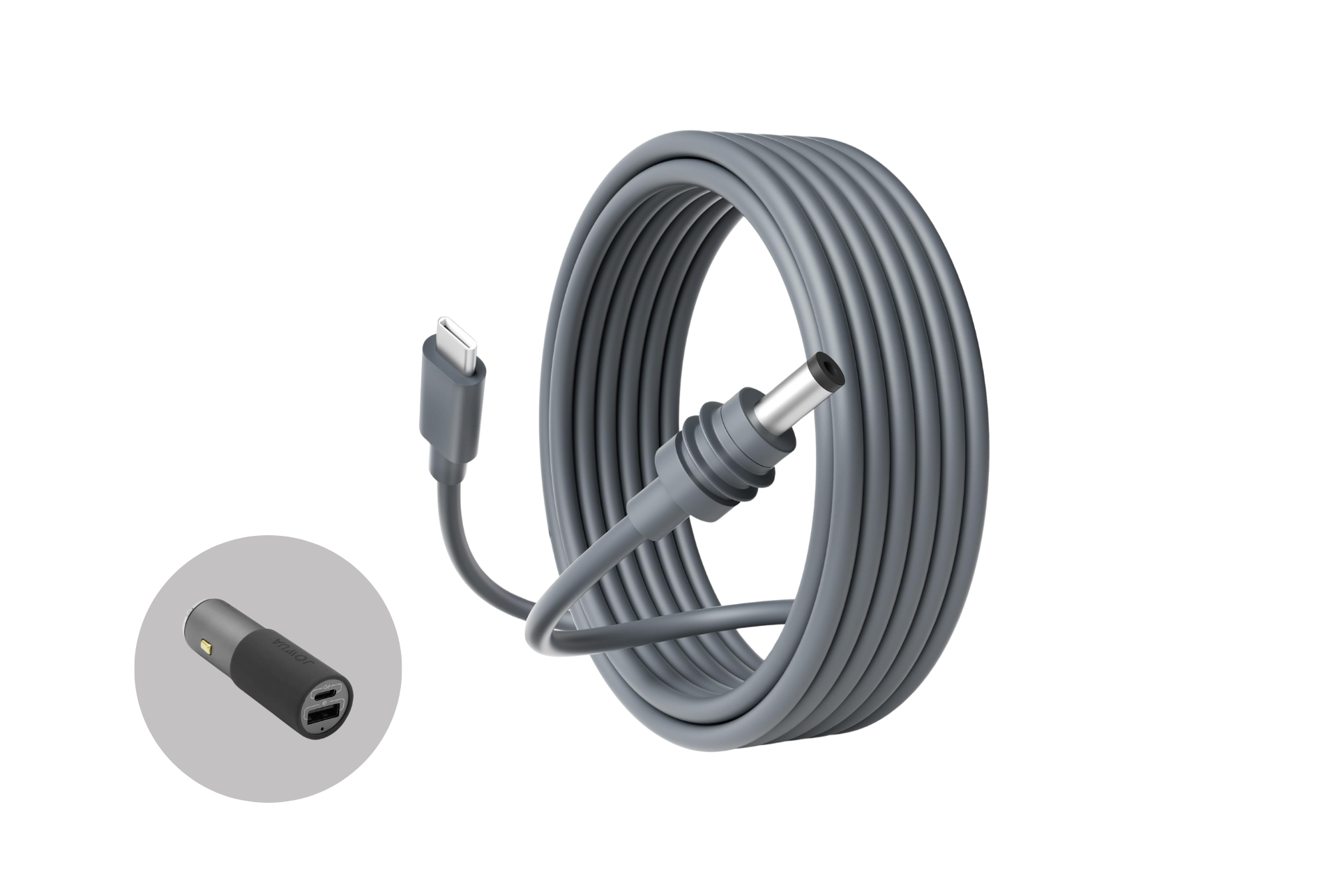 The JOWUA Starlink Mini USB-C to DC 3M Power Cable features a coiled gray design with a USB-C connector and a round DC power connector, ideal for seamless connectivity with Cybertruck and Model S/3/X/Y.