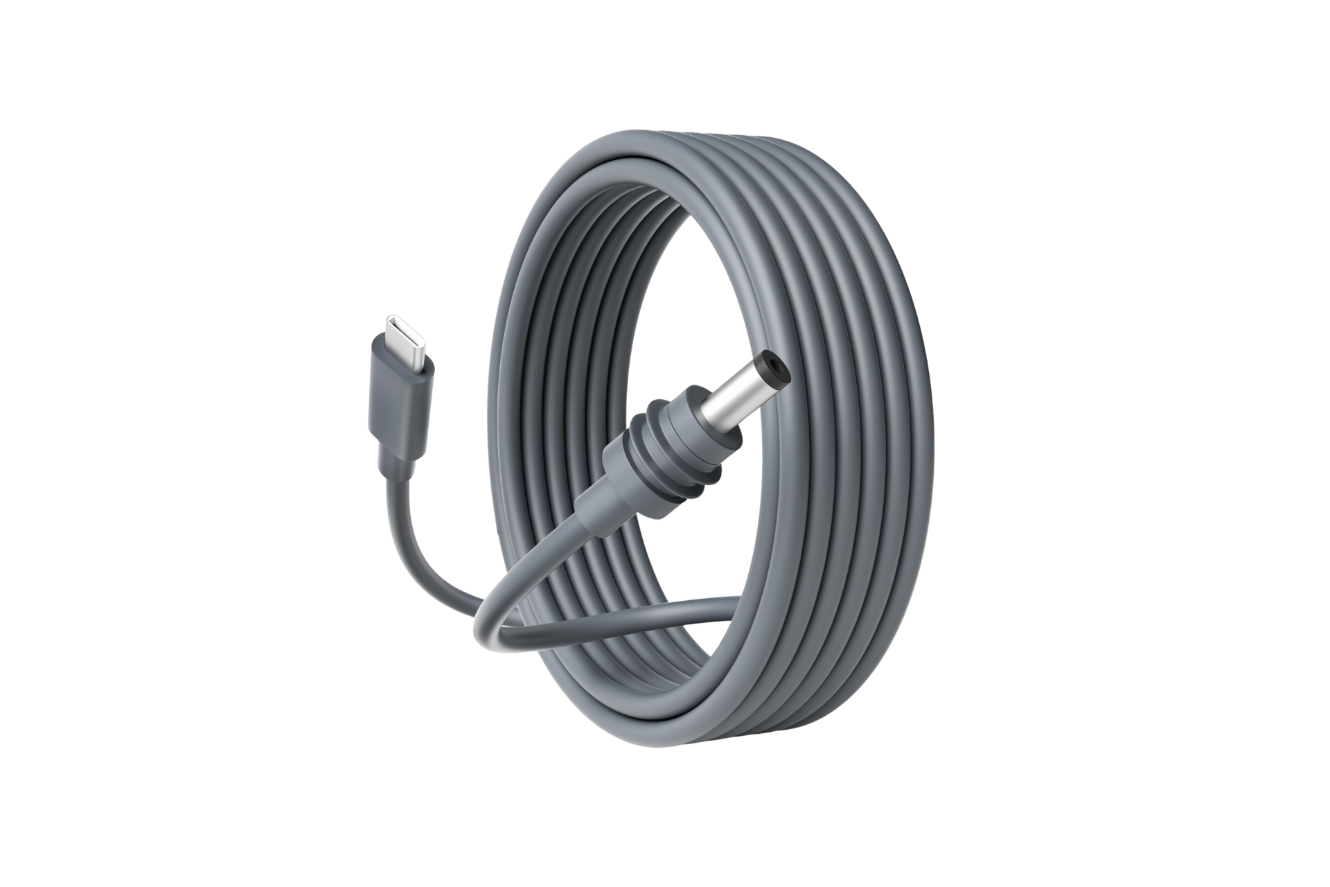 The sleek, coiled gray JOWUA Starlink Mini USB-C to DC 3M Power Cable enhances Starlink connectivity and Tesla charging for Cybertruck, Model S/3/X/Y with versatile functionality.