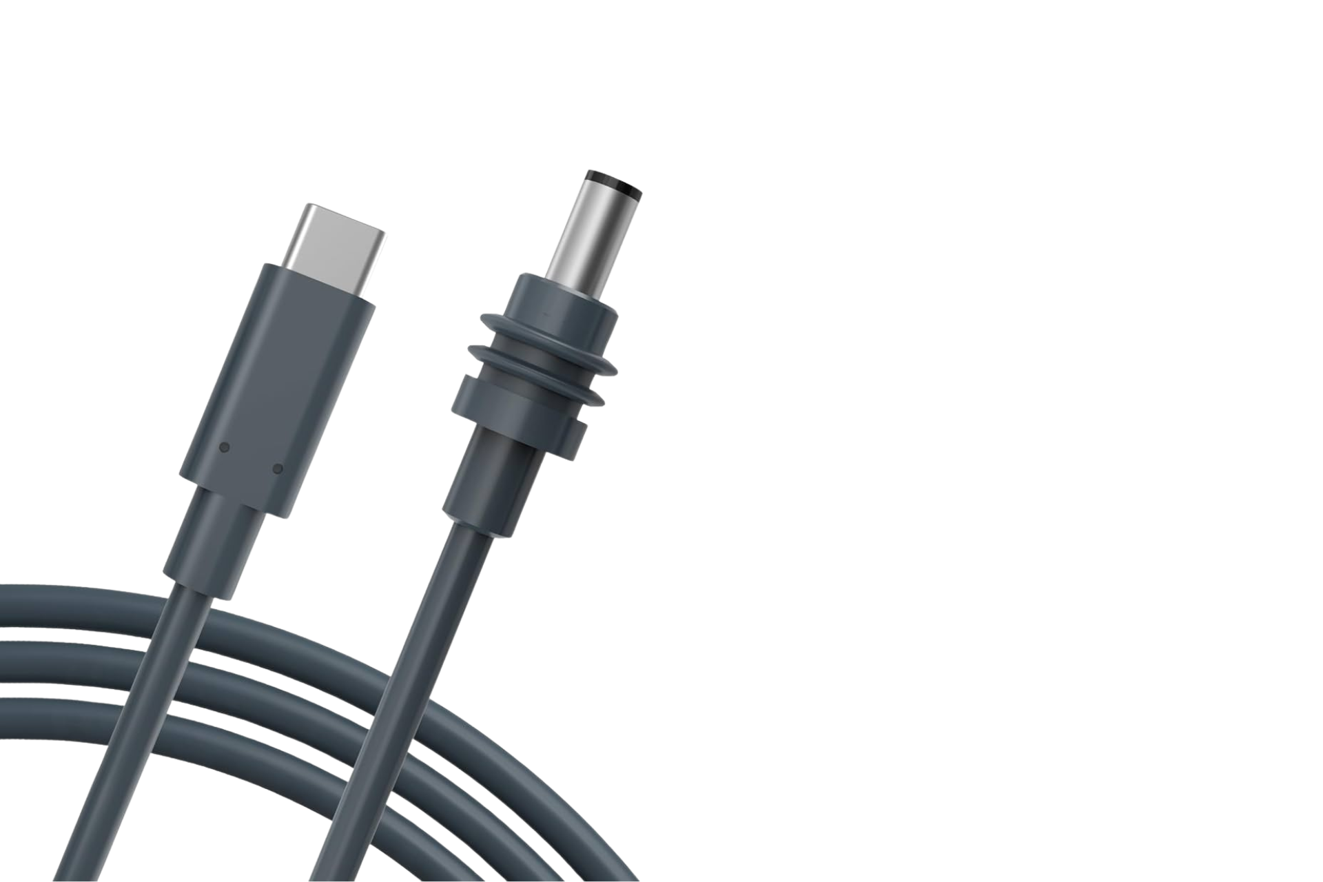 Close-up of JOWUA's Starlink Mini USB-C to DC 3M Power Cable for Cybertruck/Model S/3/X/Y: a coiled black cable with a USB-C connector on the left for Starlink connectivity and a barrel-shaped connector on the right, resting on a white background.