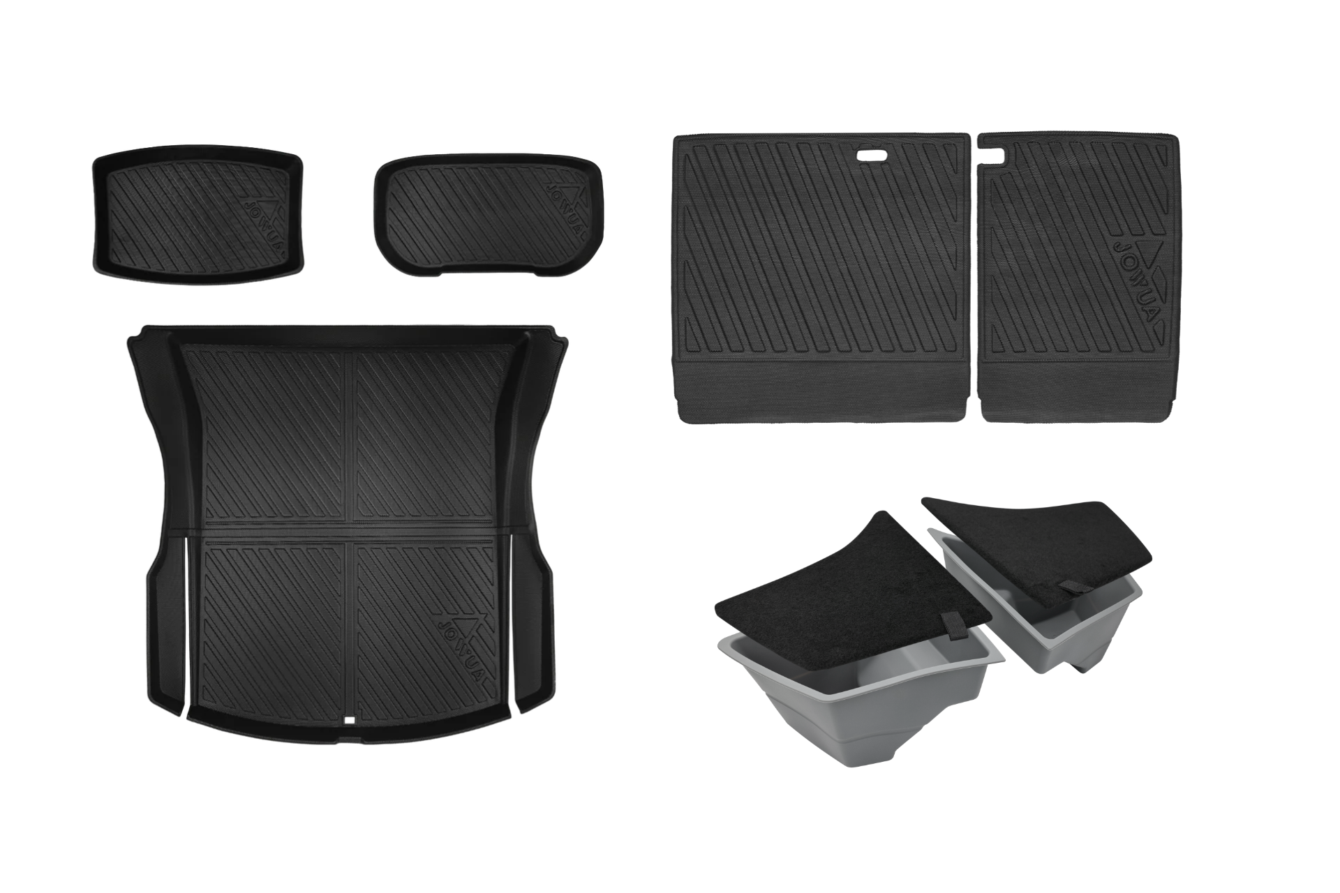 The JOWUA Model 3 All Weather Trunk Combo, specifically designed for the reengineered Model 3 Highland (2024+), is perfect for your Tesla Model 3. The image features two front mats, two rectangular rear mats, a large cargo mat crafted from waterproof TPE material, and two gray trunk liners with black lids, all intricately grooved for enhanced functionality.