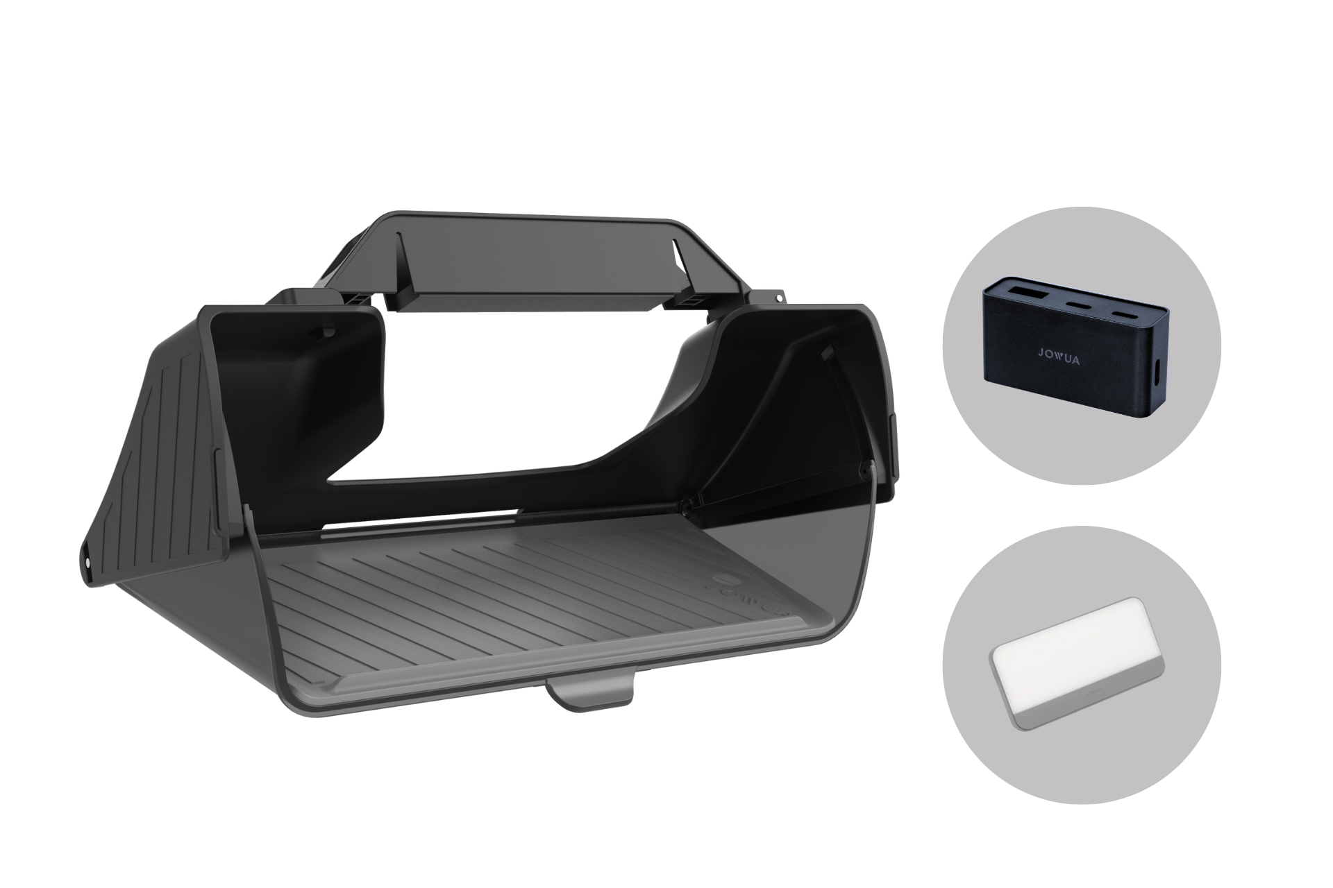 To the left is a gray VR headset visor shield, and to the right are two accessories: JOWUA's black rectangular 