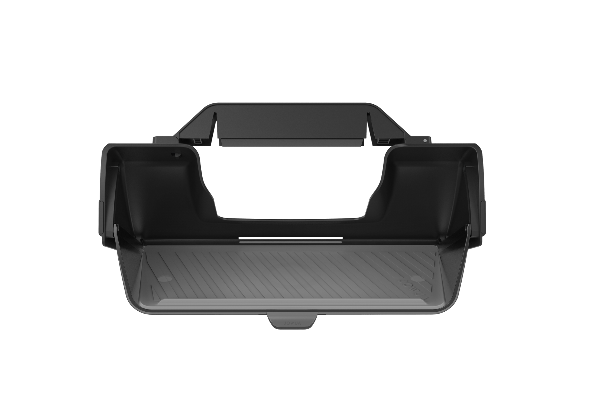 The JOWUA Under Screen Invisible Station is a black car trunk organizer with sturdy walls and a textured base for seamless storage. Its rectangular shape ensures optimal organization for any Tesla Hub setup.