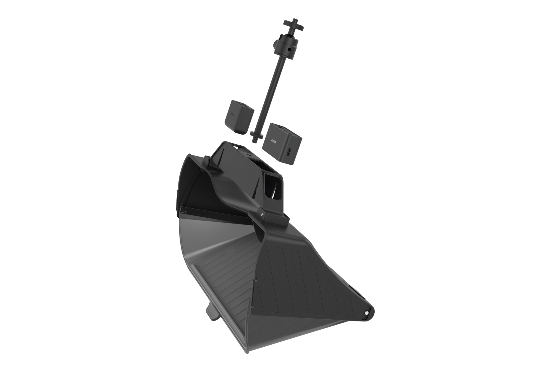 The JOWUA Power HUB features a black, 3D assembly with a triangular main component, two small rectangular parts, and a cross-shaped piece on a rod for USB-C power conversion. The vertically aligned design is shown on a transparent background in an exploded view.