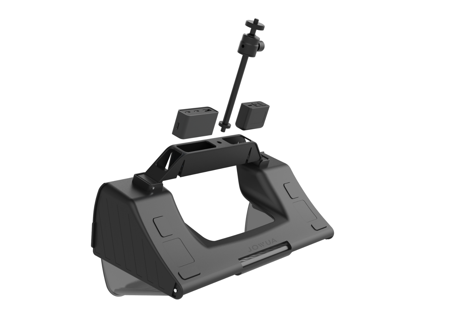 The JOWUA Under Screen Invisible Station features a black, angular headset with an adjustable strap and a hidden integration system. Showcased in floating precision, it includes three detached components: a central rod and two small rectangular parts.