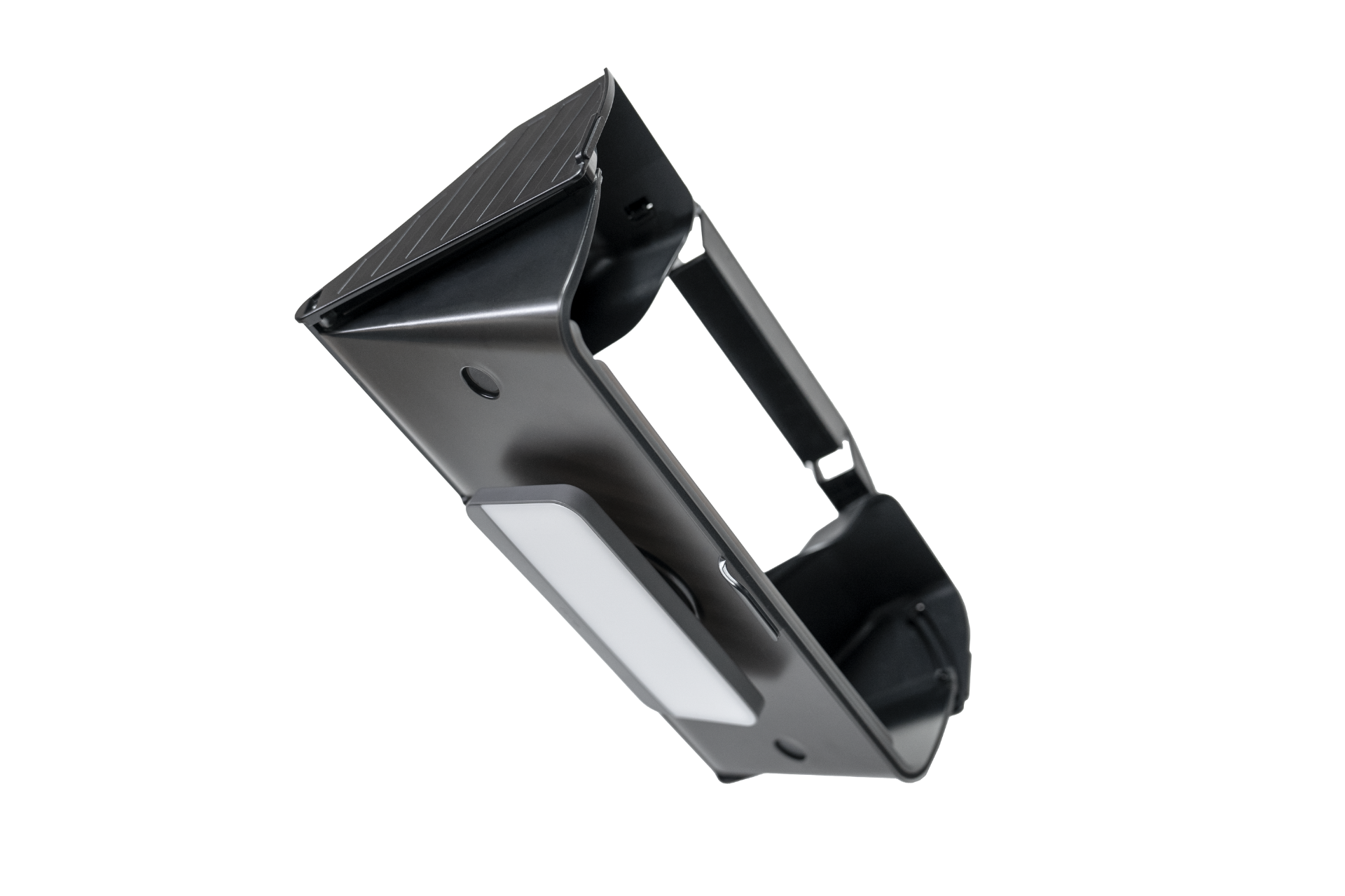 The Under Screen Invisible Station by JOWUA is a sleek black, rectangular device with a solar panel and white rectangular light, resembling an outdoor security light, viewed at an angle against a plain white background.