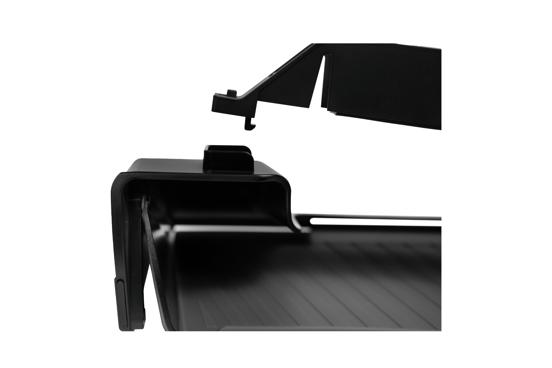 The image showcases JOWUA's Under Screen Invisible Station, a sleek black laptop with a seamless design and hidden integration at the hinge, emphasizing its modern construction.