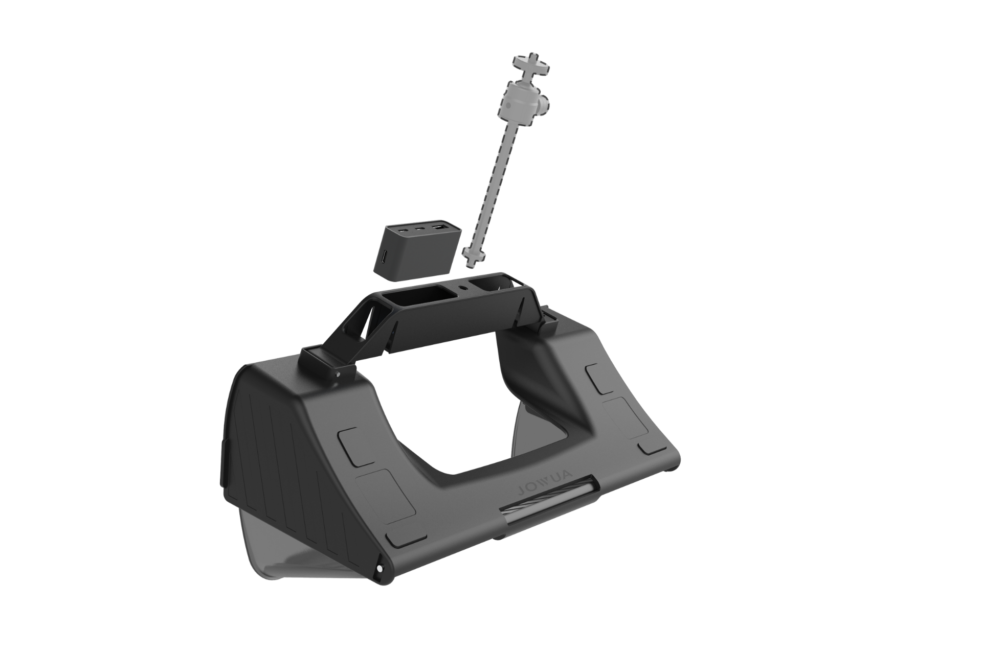 The JOWUA Under Screen Invisible Station is a black, angular VR headset with a strap and compact camera on a long adjustable arm. It features a sleek, modern design with textured surfaces for better grip, making it a stylish addition to any tech setup.