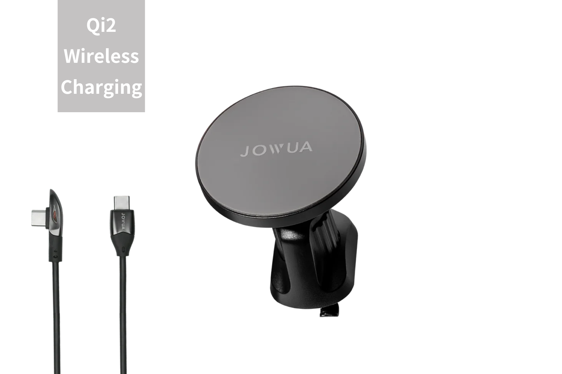 An image showcases JOWUA's Universal MagSafe Car Mount for Air Vents in black, which includes a magnetic mount and features a USB-C cable to the left. The top-left corner highlights "Qi2 Wireless Charging" in a gray box, emphasizing its MagSafe-compatible 15W fast charging capability.