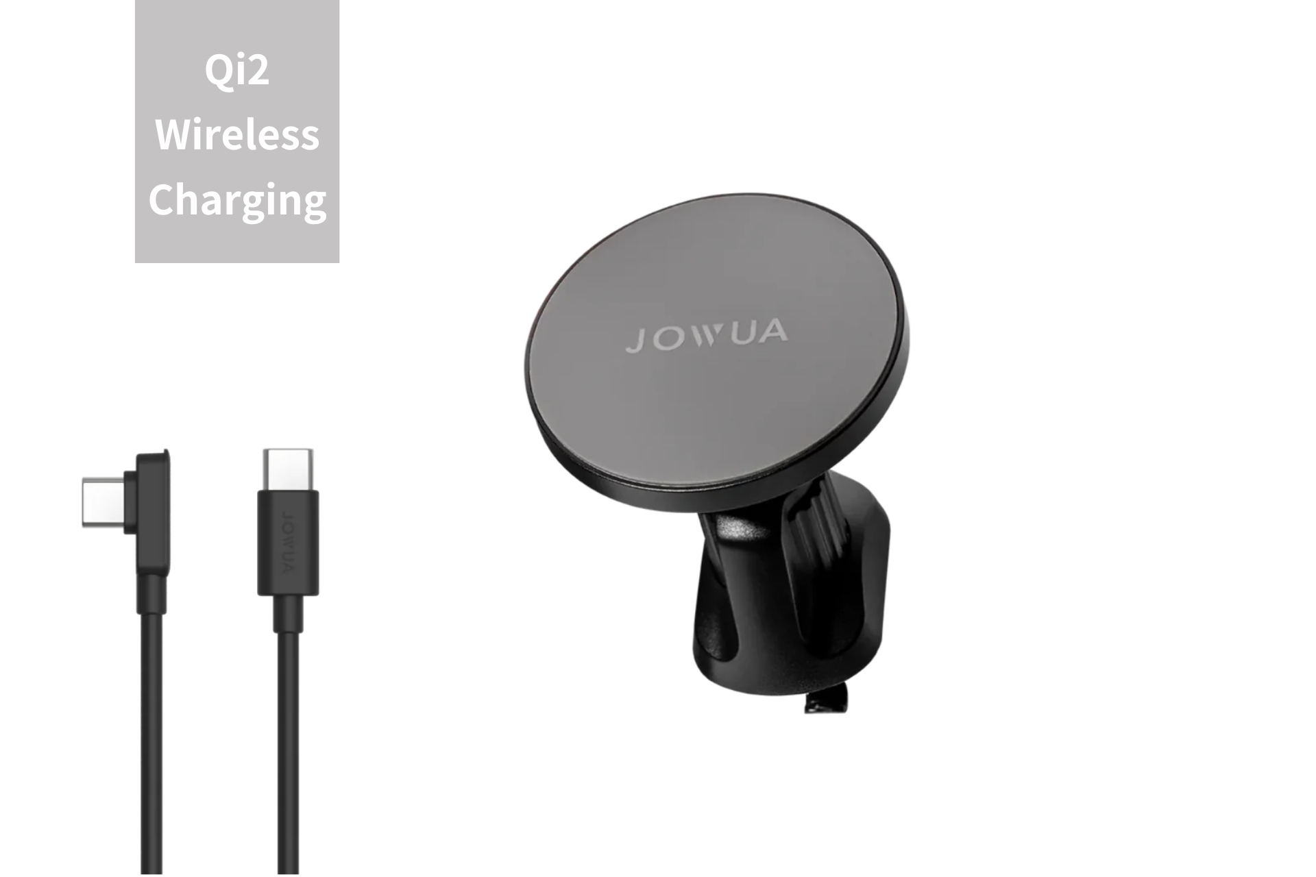 The JOWUA Universal MagSafe Car Mount for Air Vents features a round wireless charging pad and an adjustable 360° rotating mount. It comes with a separate USB-C cable, ideal for Qi2 Wireless Charging and iPhone MagSafe Charging, ensuring device power on the go.