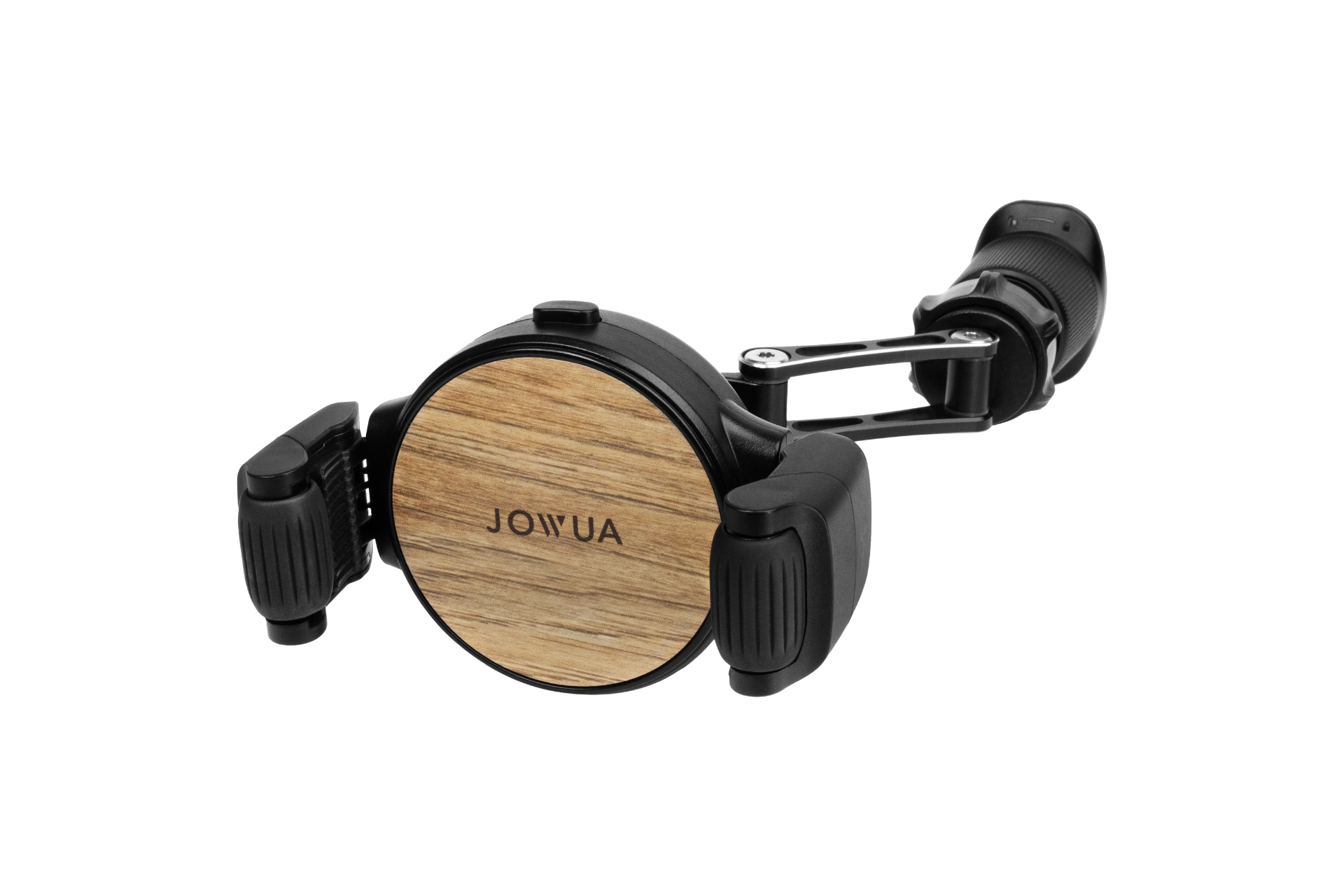 The Qi2 Universal Roller Mount by JOWUA is a car phone holder with a wood-textured front, "JOWUA" embossed on it, adjustable grips, and vent mount. It features silicone roller clamps for enhanced vehicle security.