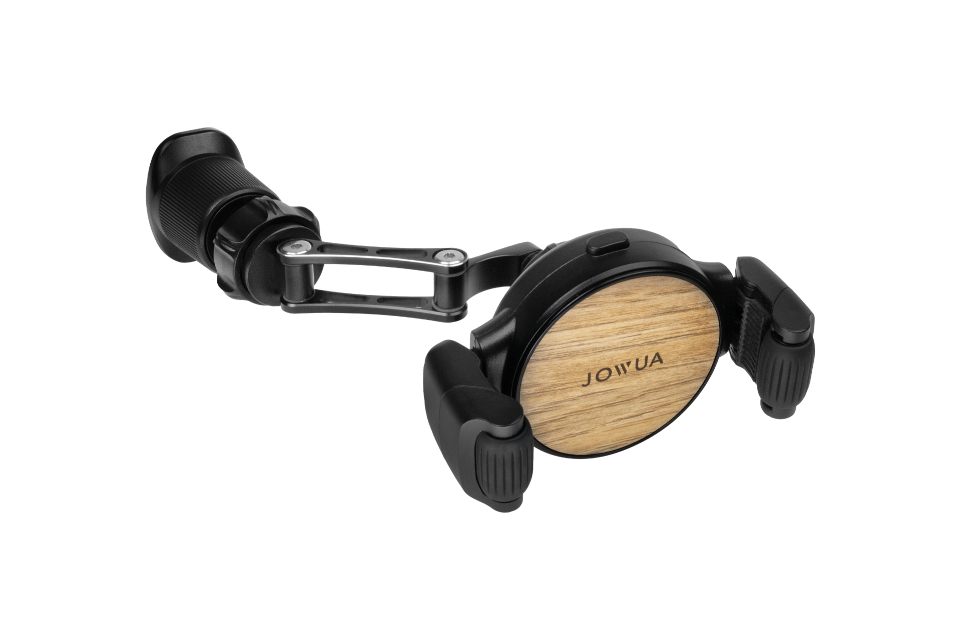 A black and wood-grain vent mount car holder, named the Universal Air Vent Car Mount (Qi2 Universal Roller Mount) by JOWUA, features adjustable clamp arms and a mounting arm for secure attachment in any vehicle.