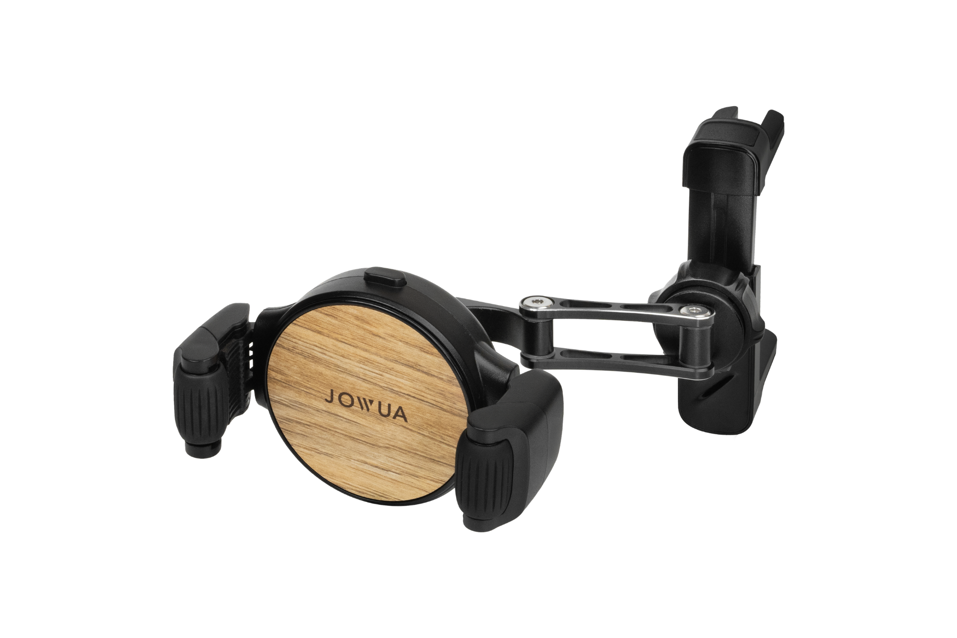 The JOWUA Universal Air Vent Car Mount combines elegance with functionality, featuring adjustable clamp arms and a wooden back panel engraved with the brand name. Designed as a vent mount, it securely attaches to your car's air vent effortlessly.