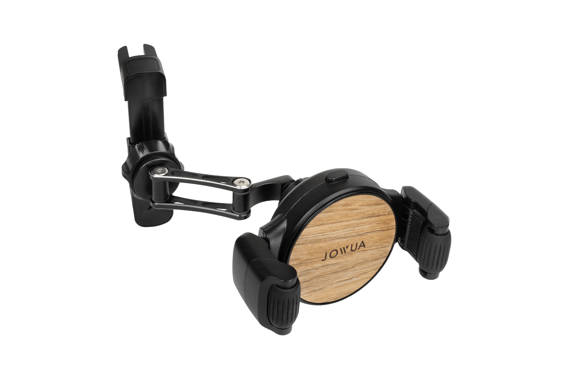 A black and wood-patterned Universal Air Vent Car Mount by JOWUA features adjustable clamp arms, a locking mechanism, and a sturdy vent mount for secure installation.