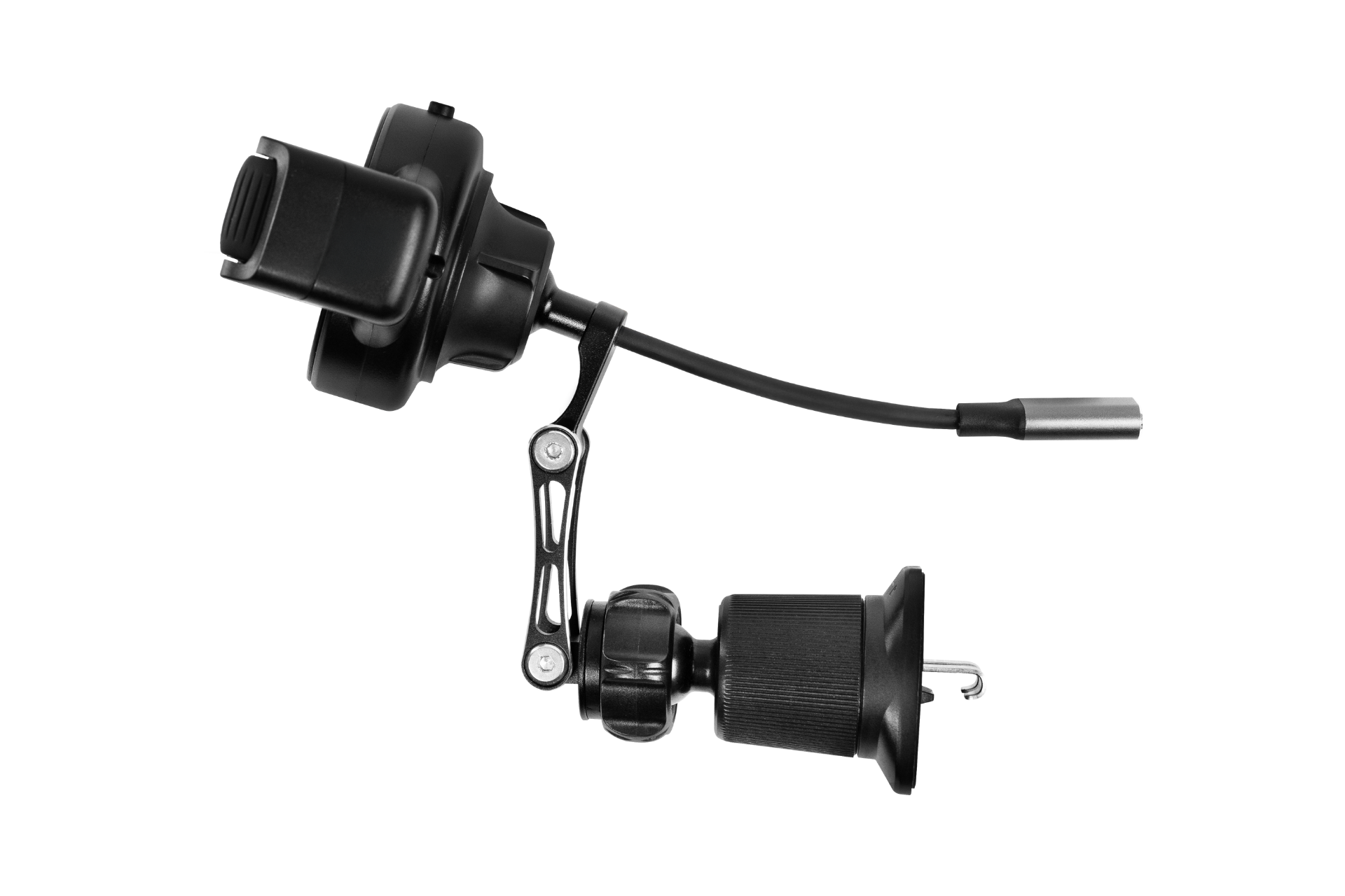 The JOWUA Universal Air Vent Car Mount (Qi2 Universal Roller Mount) is a black mechanical device with a flexible arm, handle, clamp, and cylindrical components for vent mounting, set against a white background.