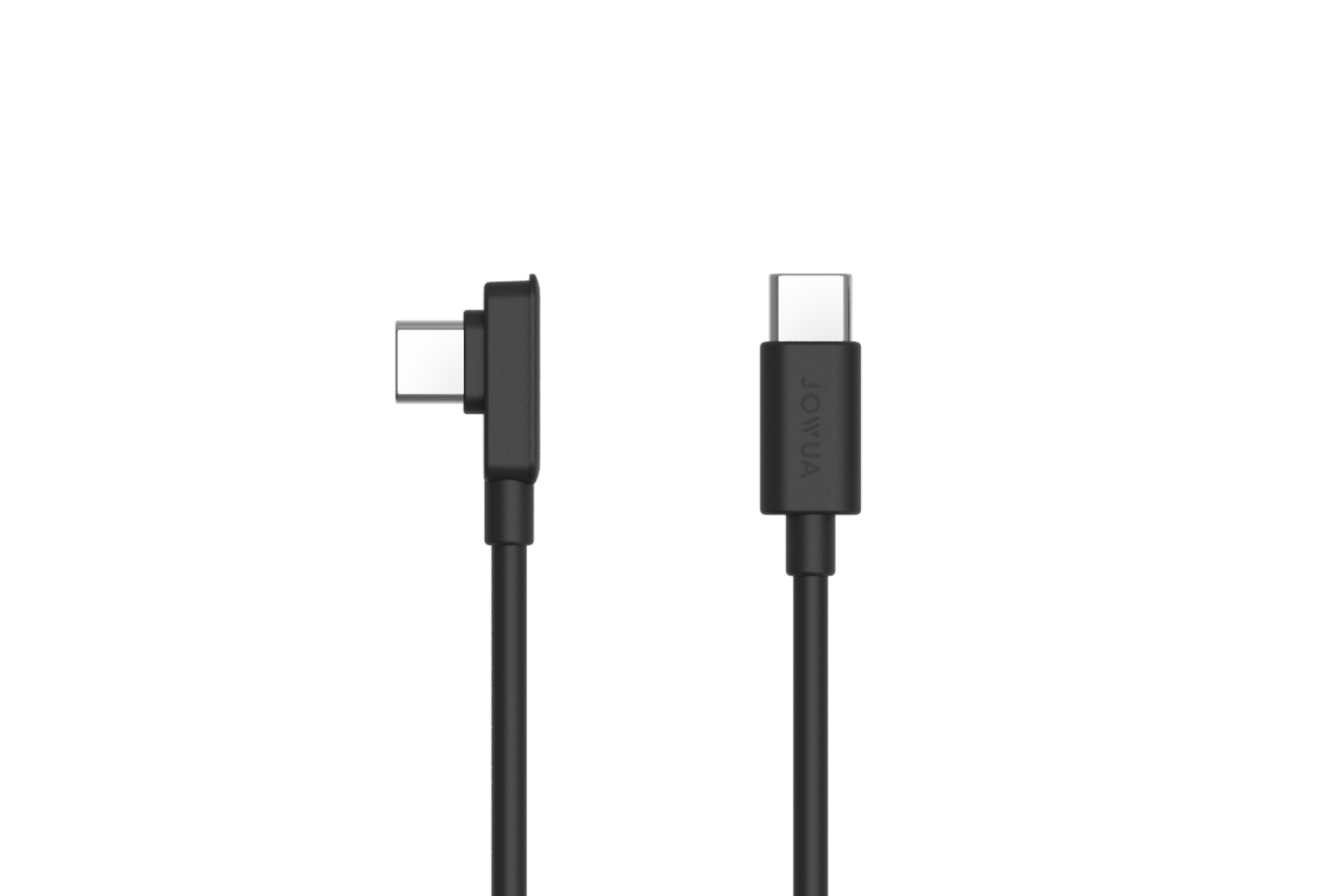 Displayed on a white background are two USB-C cables by JOWUA: one with an L-shape connector ideal for Tesla center consoles and the other with a straight design. Both support PD fast charging, and "JOWUA" is engraved on the connector housing.