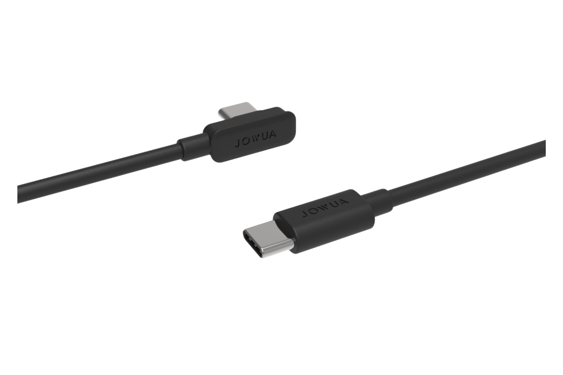 The JOWUA USB-C L Shape Cable (1.75M-3M) features a sleek black design with "JOWUA" on both connectors. The left connector is right-angled for PD fast charging, while the right is straight, making it ideal for Tesla center console use.