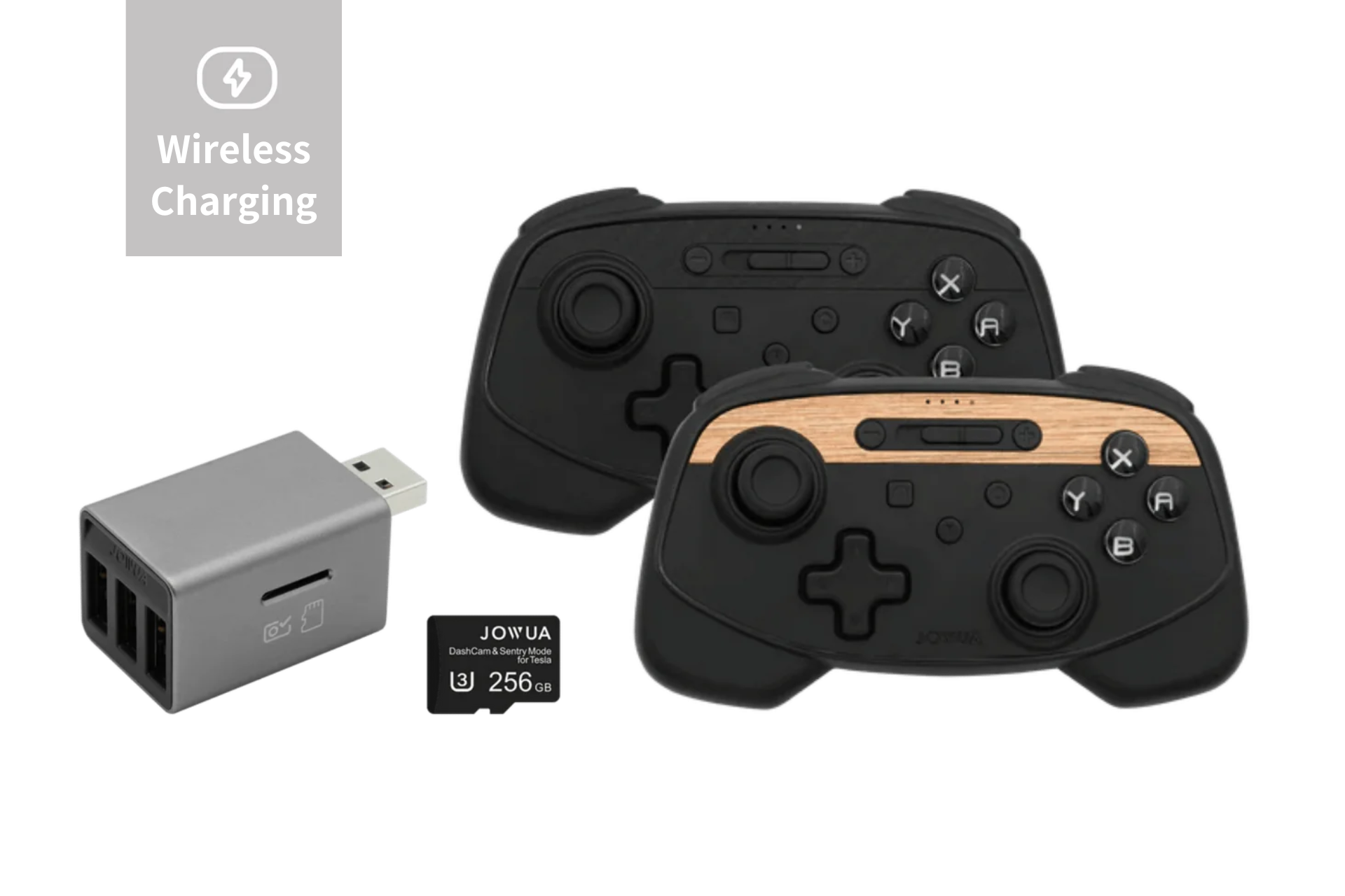 Displayed are two JOWUA Wireless Tesla Game Controllers Combo, featuring black designs with wooden accents, labeled buttons, and thumbsticks. They are accompanied by a gray wireless charger equipped with Bluetooth Connect technology and a 256GB microSD card.