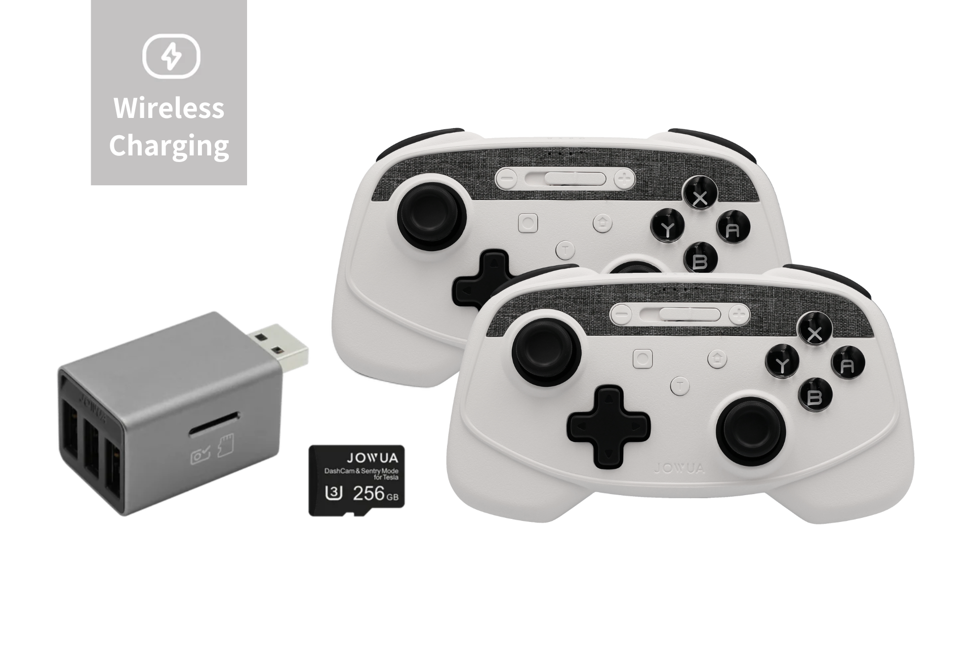 The Wireless Tesla Game Controllers Combo by JOWUA includes a pair of black and white gaming controllers, a 256 GB microSD card, and a gray USB hub with multiple ports. The top left corner features the Bluetooth Connect icon, guaranteeing seamless connectivity for an enhanced gaming experience.