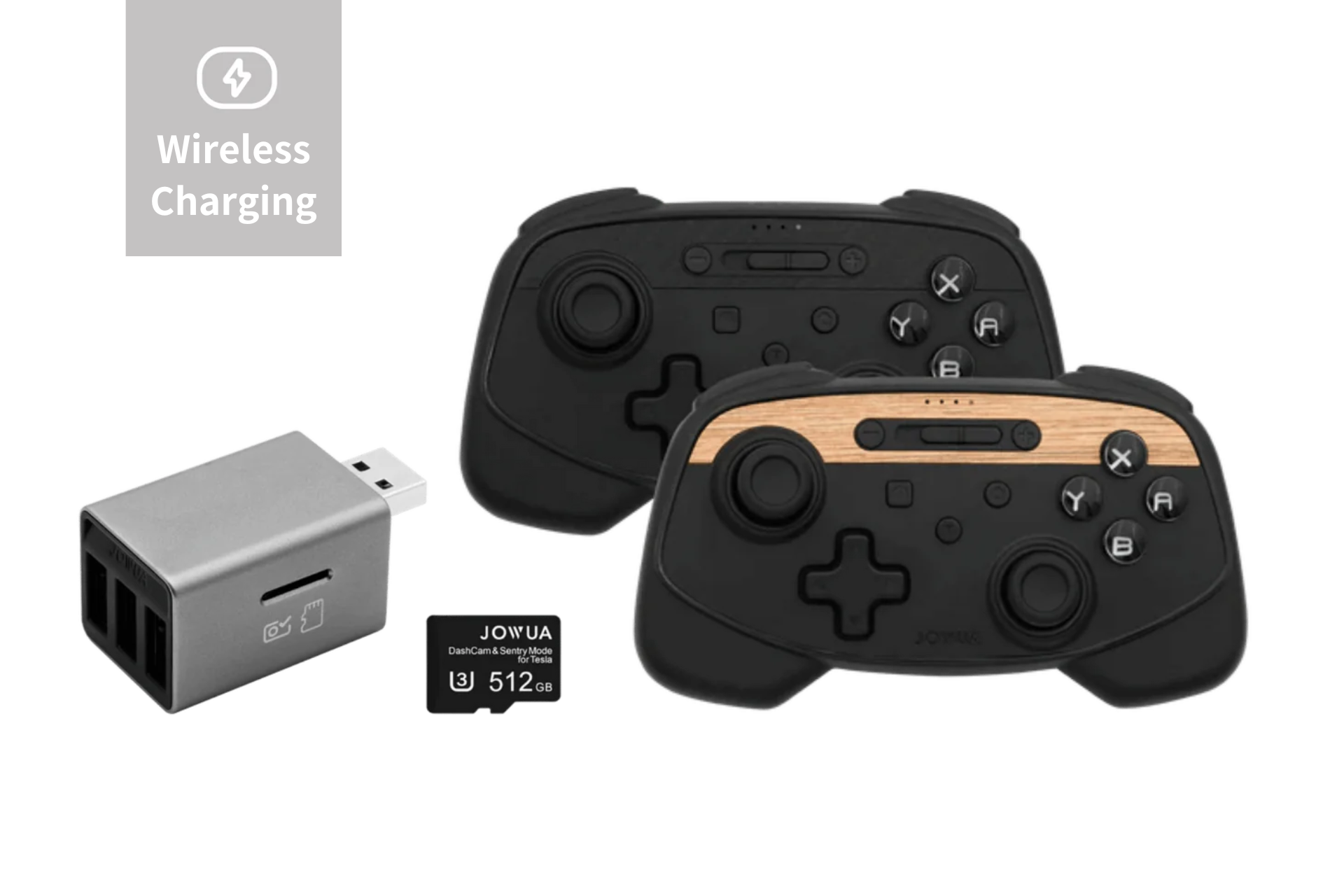 Two JOWUA Wireless Tesla Game Controllers Combo (Model S/3/3HL/X/Y/Cyber) in black with wooden accents, featuring Bluetooth Connect, are placed beside a USB charging adapter and a 512 GB microSD card on a black background. Text emphasizes the product's wireless charging capability.