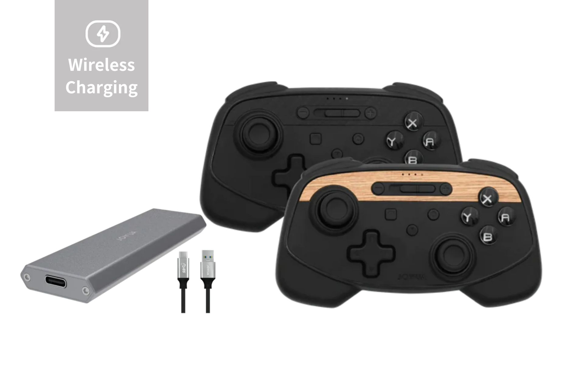 Two JOWUA Wireless Tesla Game Controllers Combo (Model S/3/3HL/X/Y/Cyber) featuring black design with wooden accents are displayed alongside a slim silver power bank and a USB cable against a grey background. The 