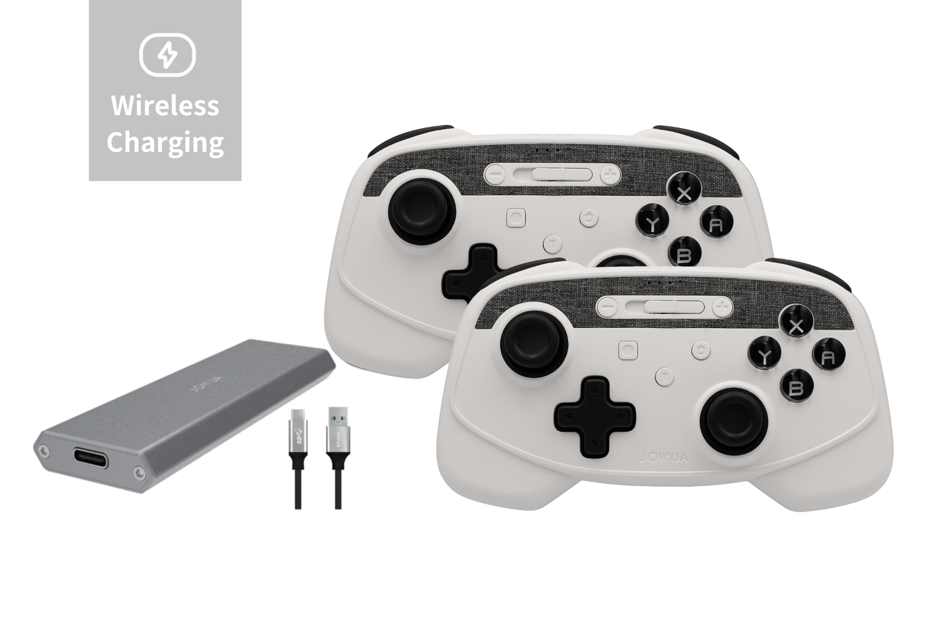 The JOWUA Wireless Tesla Game Controllers Combo (Model S/3/3HL/X/Y/Cyber), featuring two sleek white and black controllers, rests alongside a charging pad and USB cable on a pristine white background. A label reading 