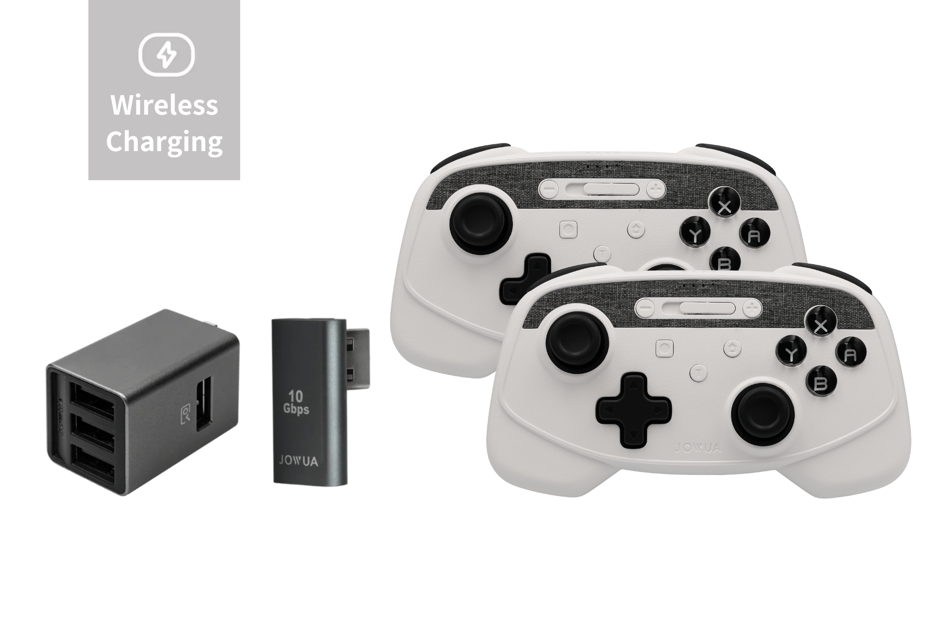 Two Wireless Tesla Game Controllers Combo in white and black from JOWUA are placed beside a black USB dashcam hub and a wireless charging adapter. The "Wireless Charging" label in the top left corner accentuates the seamless integration of these tech essentials.