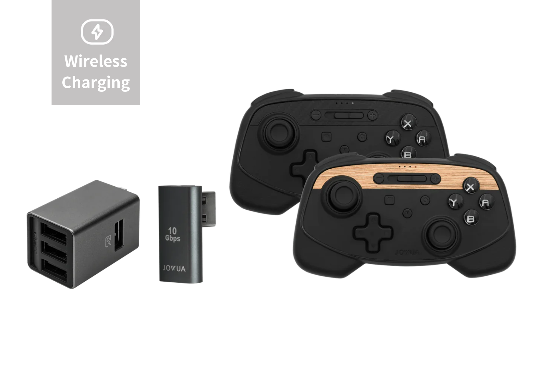 The JOWUA Wireless Tesla Game Controllers Combo (Reengineered Model 3 Highland, 2024+) includes two elegant black wireless controllers, one accented with a wooden detail. The set also features a wireless charging block and a compact 10Gbps USB Dashcam Hub that demonstrates its versatility and is perfect for modern setups.