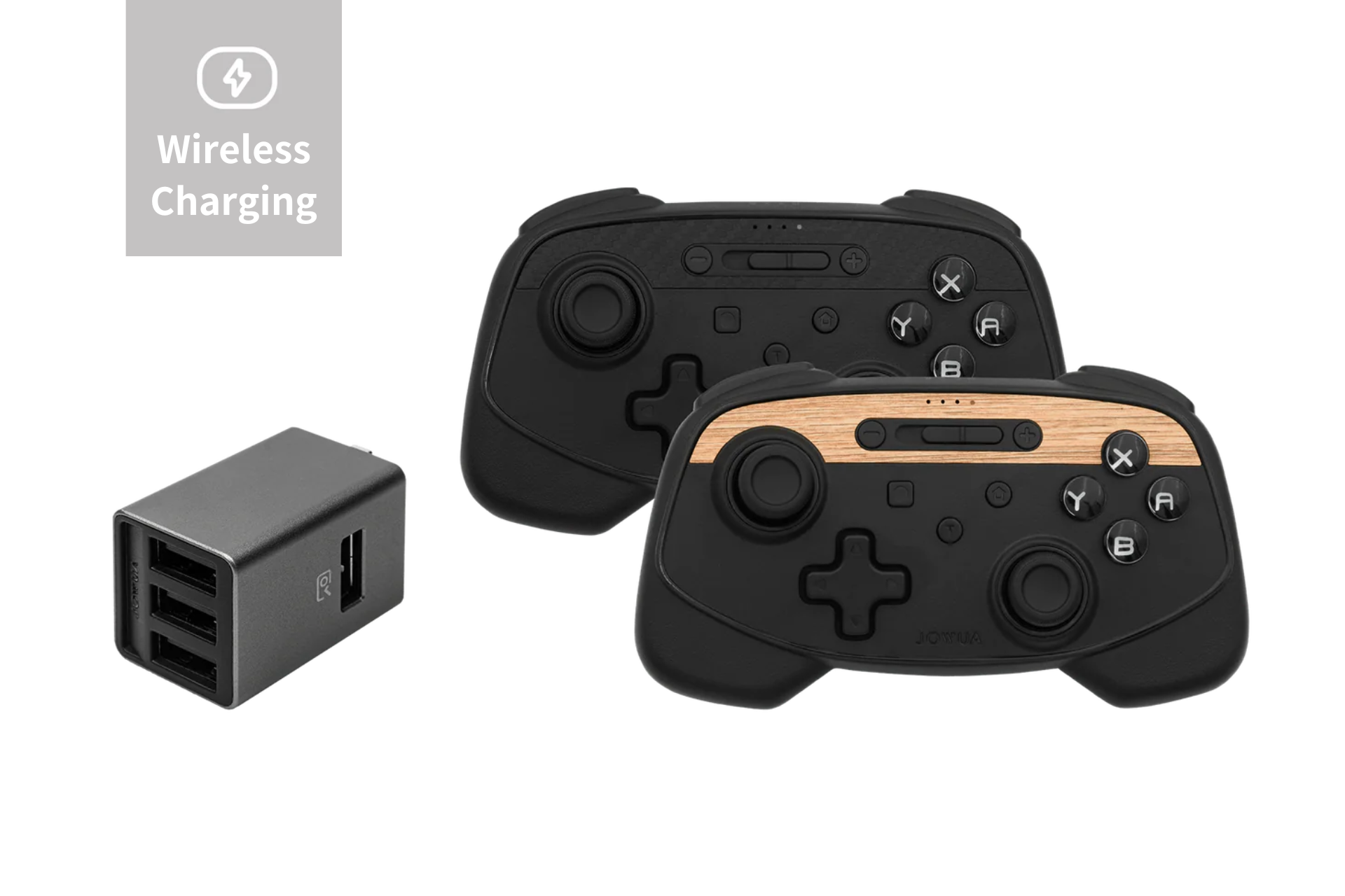 The JOWUA Wireless Tesla Game Controllers Combo (Model 3/Y) in sleek black with wood accents are placed adjacent to a compact wireless charging station. This station boasts the convenience of two USB ports and features an elegant 