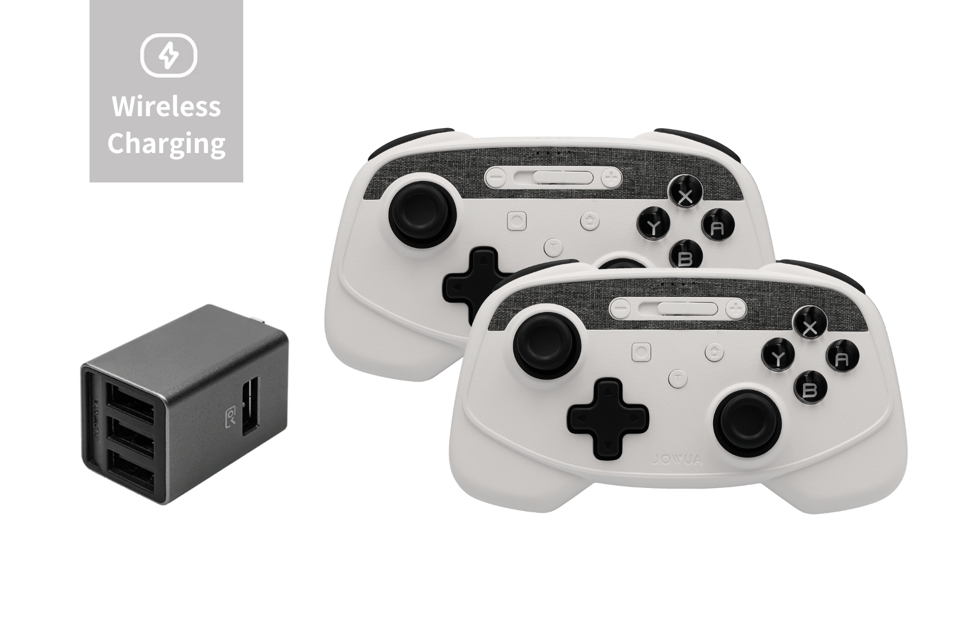 Two JOWUA Wireless Tesla Game Controllers Combo (Model 3/Y) featuring white bodies with black buttons sit beside a compact black 4-Port USB Dashcam Hub, which also functions as a wireless charging dock. A 