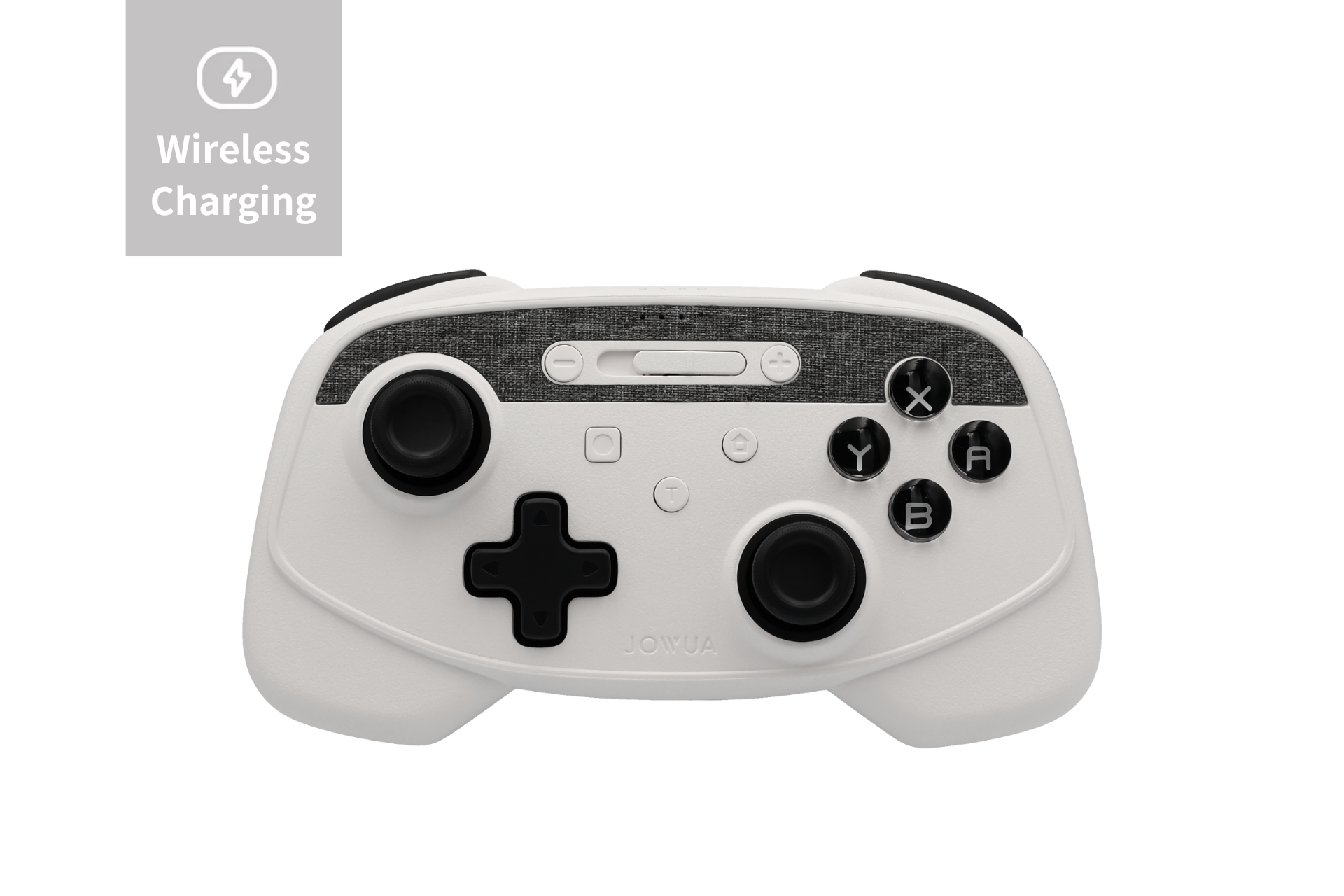 The JOWUA Tesla Gaming Controller is a multi-device wireless controller in black and white, featuring various buttons and knobs. It includes a textured strip on top, with labeled 