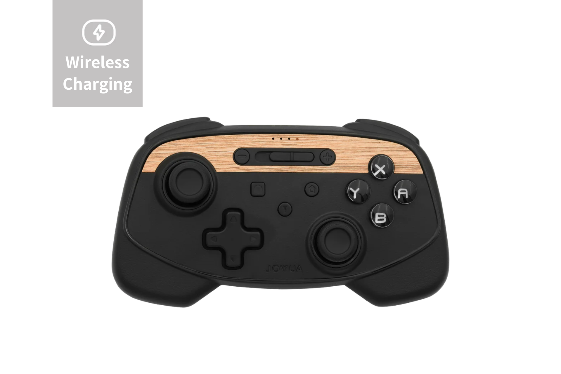 The JOWUA Tesla Gaming Controller is showcased, featuring a sleek black design with wood accents. It has various buttons, including directional pads and joysticks. A label in the top left corner highlights its 