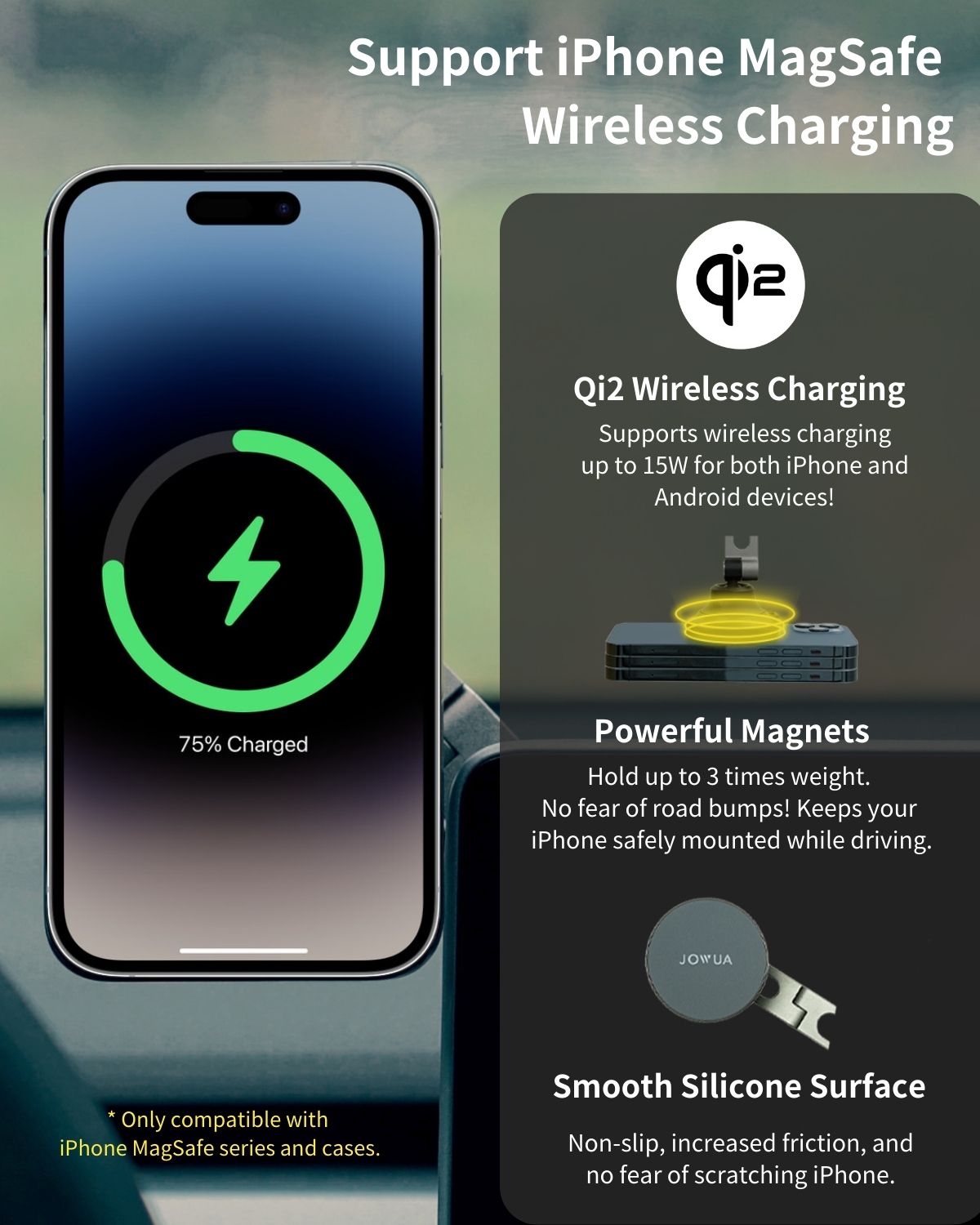 A JOWUA Model Y Juniper Essential Bundle (Right Hand Drive Version) displays an iPhone with 75% charge on a Tesla dashboard, featuring Qi2 wireless charging, strong MagSafe-compatible magnets for stability, and a sleek silicone finish.