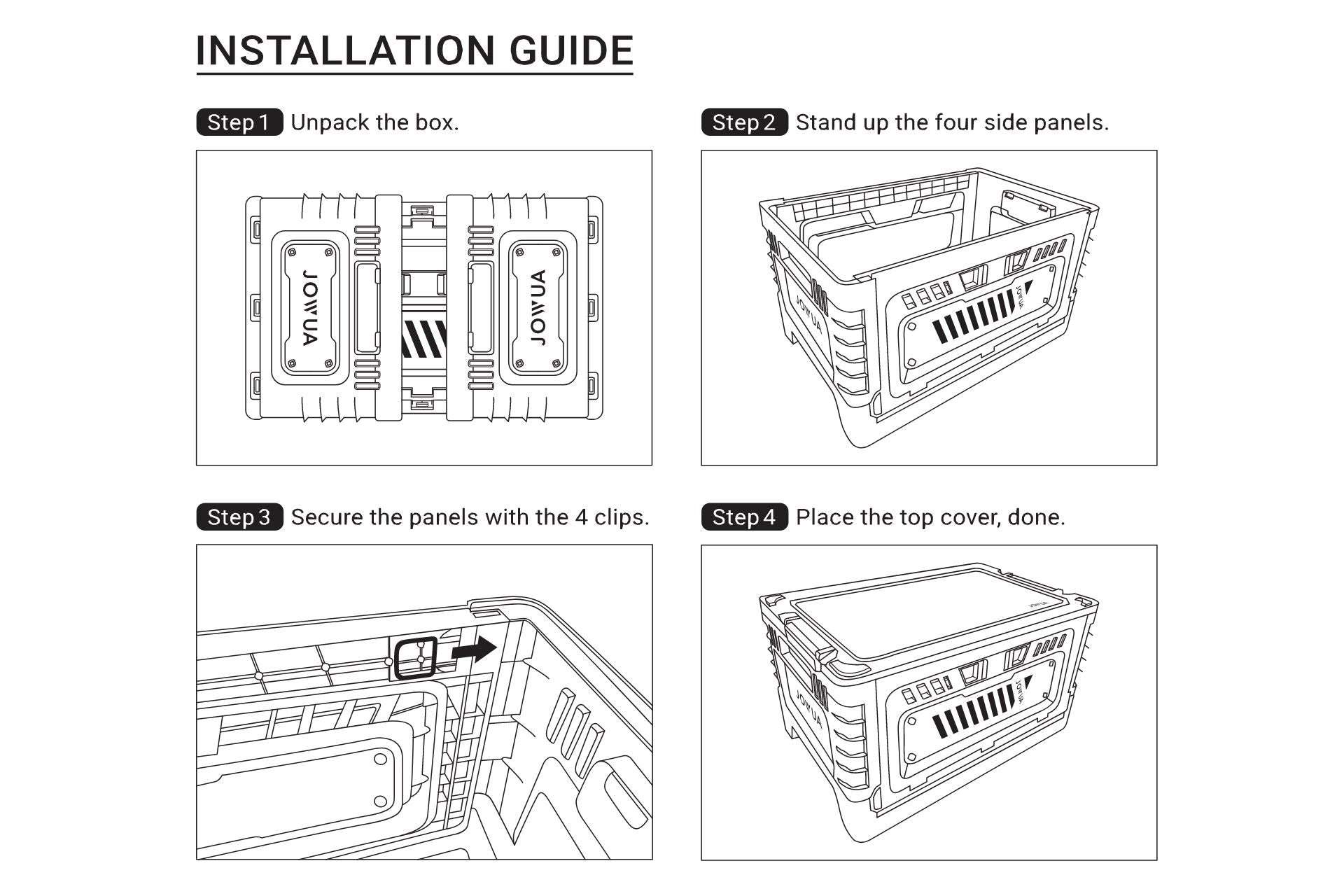 Illustration of a 4-step installation guide for a JOWUA 30L Stackable Storage Box and Trunk Organizer for Teslas. Step 1: Unpack the box. Step 2: Stand up the four side panels. Step 3: Secure the panels with four clips. Step 4: Place the top cover to complete your car interior organizer setup.