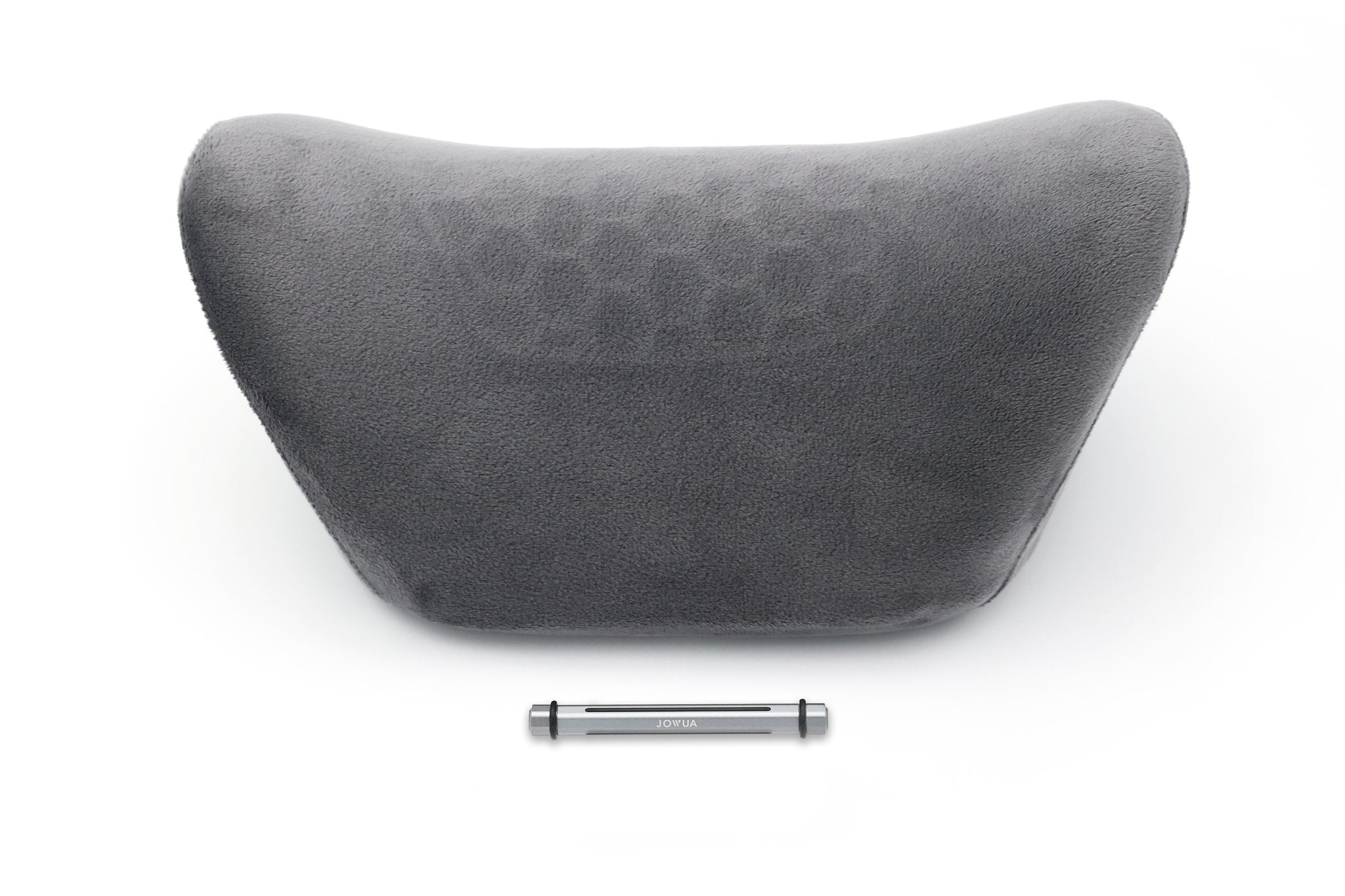 A plush, gray ergonomic neck pillow with a curved design from the JOWUA Tesla Christmas: Comfort Bundle is placed above a small cylindrical metal object on a white background.